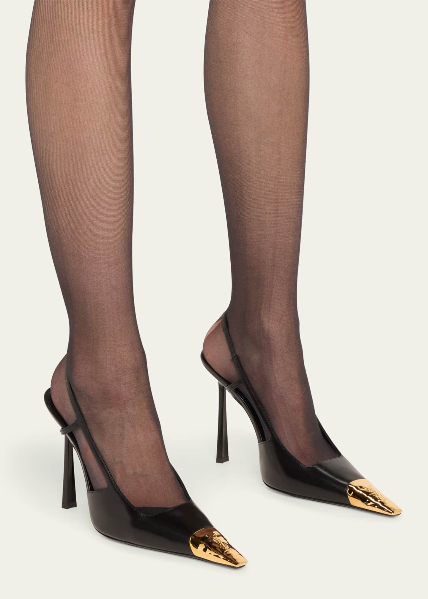 Saint Laurent Jeanne Leather Metallic-Toe Slingback Pumps Image 2 of 5