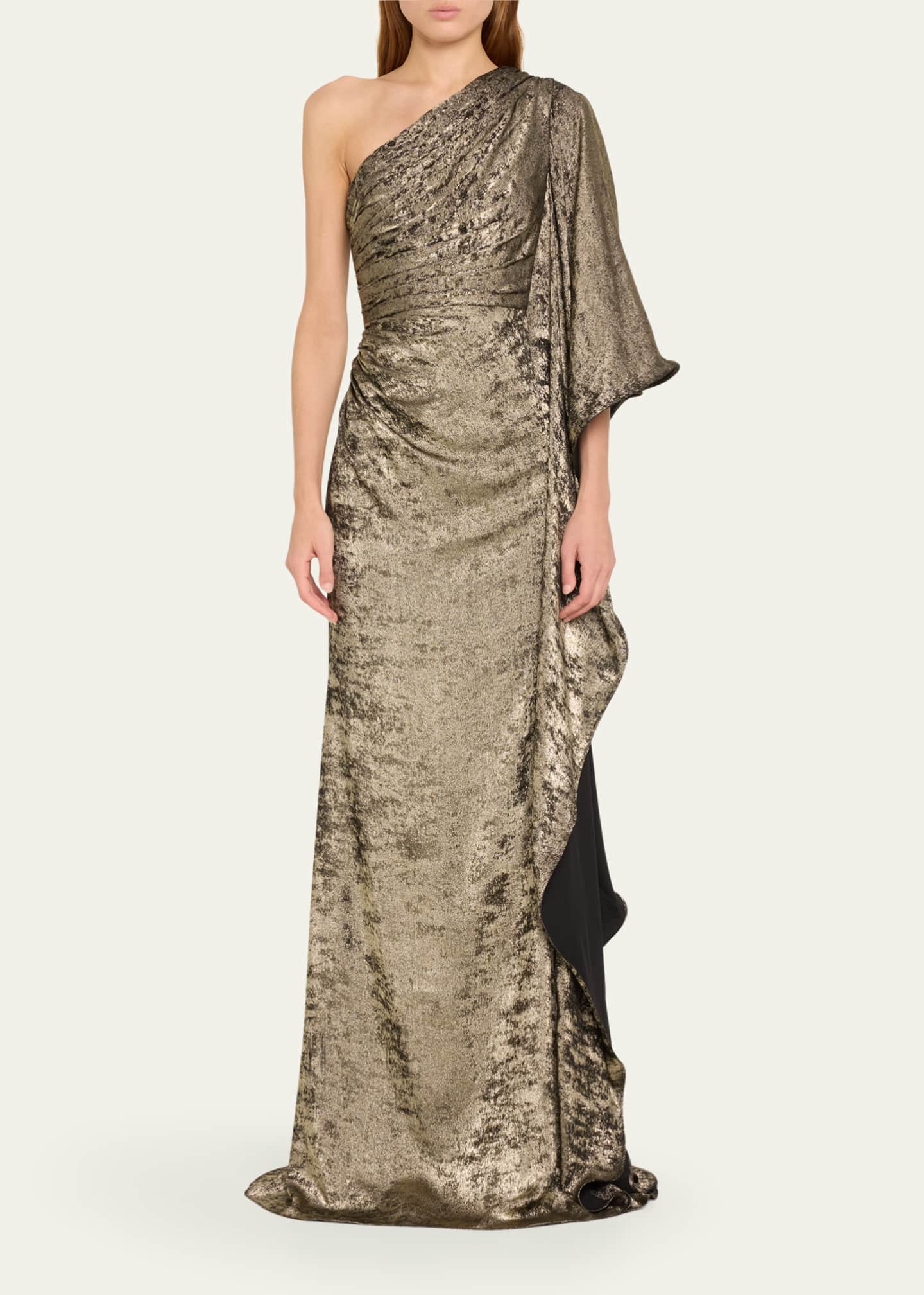 Badgley Mischka Draped One-Shoulder Foiled Gown Image 2 of 5