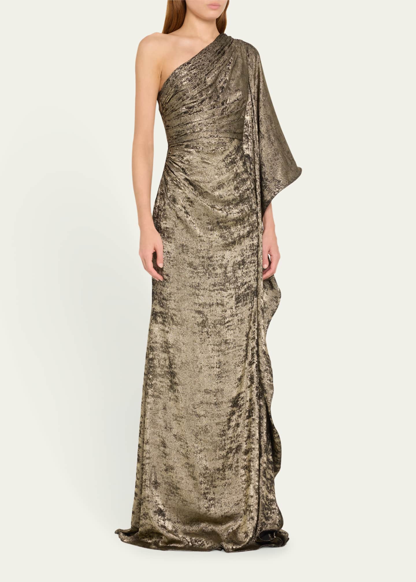 Badgley Mischka Draped One-Shoulder Foiled Gown Image 4 of 5