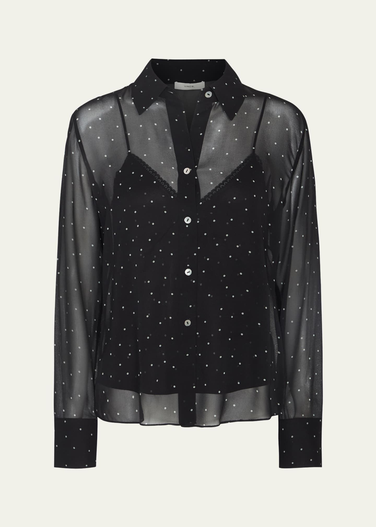 Vince Women s Sheer Dot Silk Blouse Black Blouses