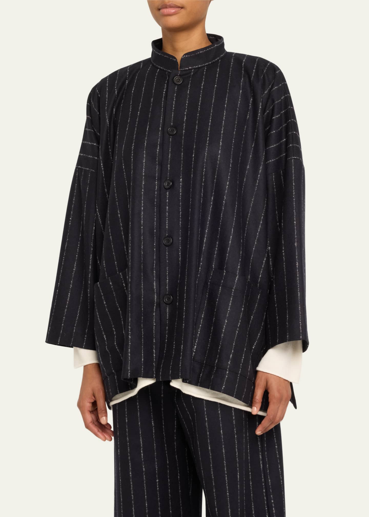 Eskandar Wide Mandarin Pinstripe Jacket (Long Length)