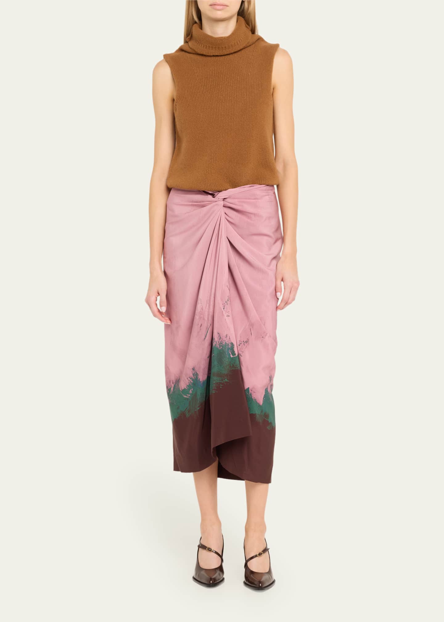 Dries Van Noten Sidras Watercolor Twist-Front Midi Skirt