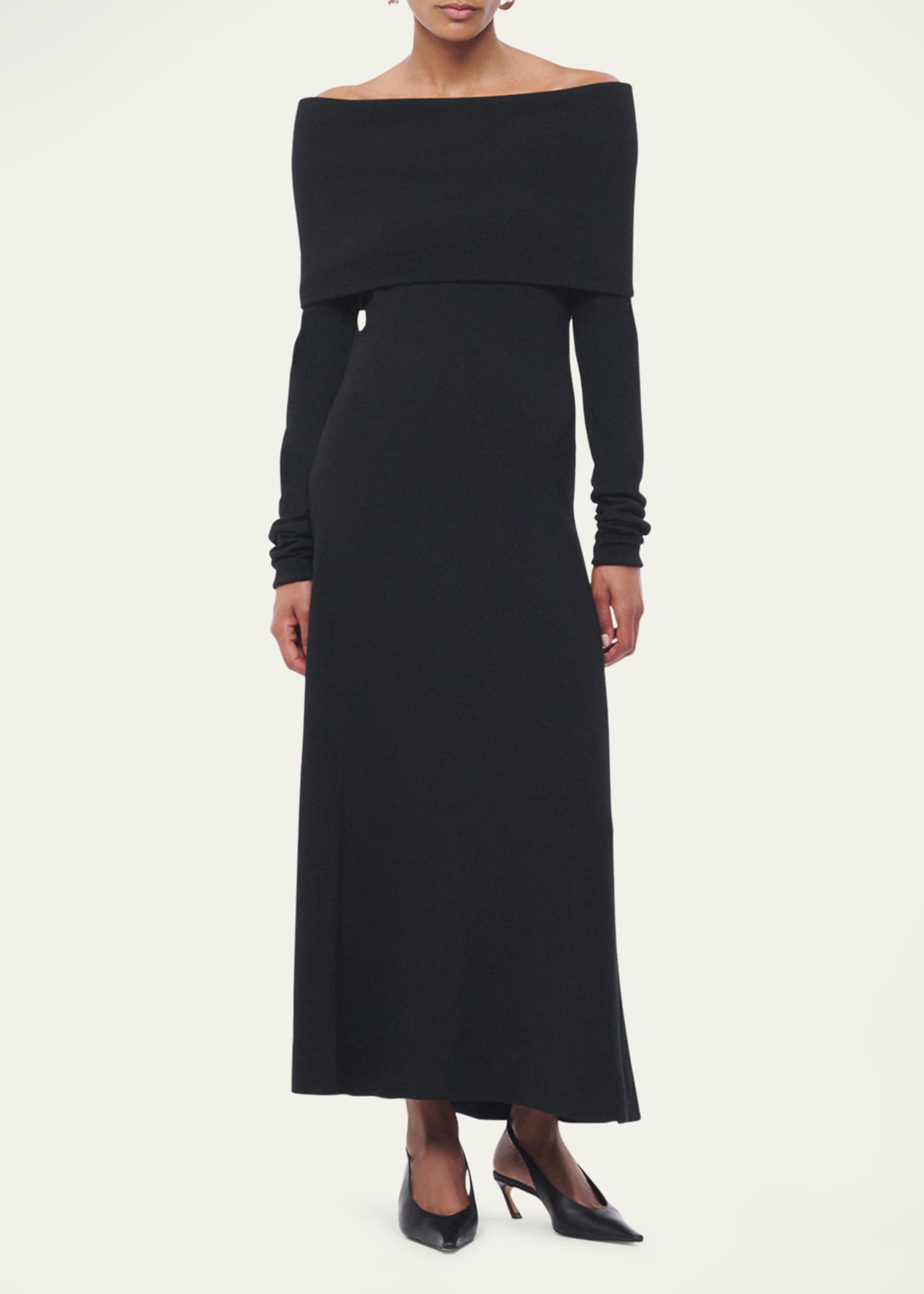 Another Tomorrow Long Shawl Off Shoulder Wool Dress Black
