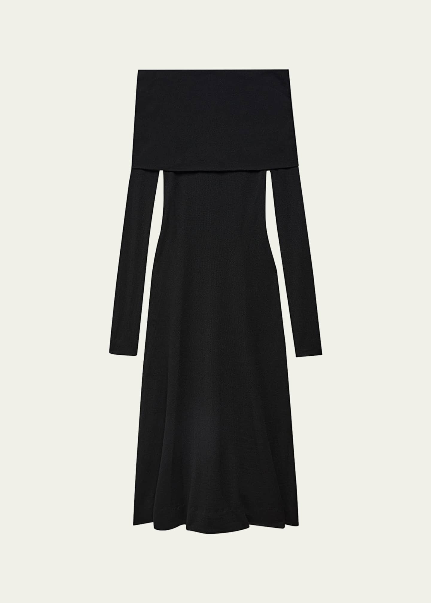Another Tomorrow Long Shawl Off Shoulder Wool Dress Black