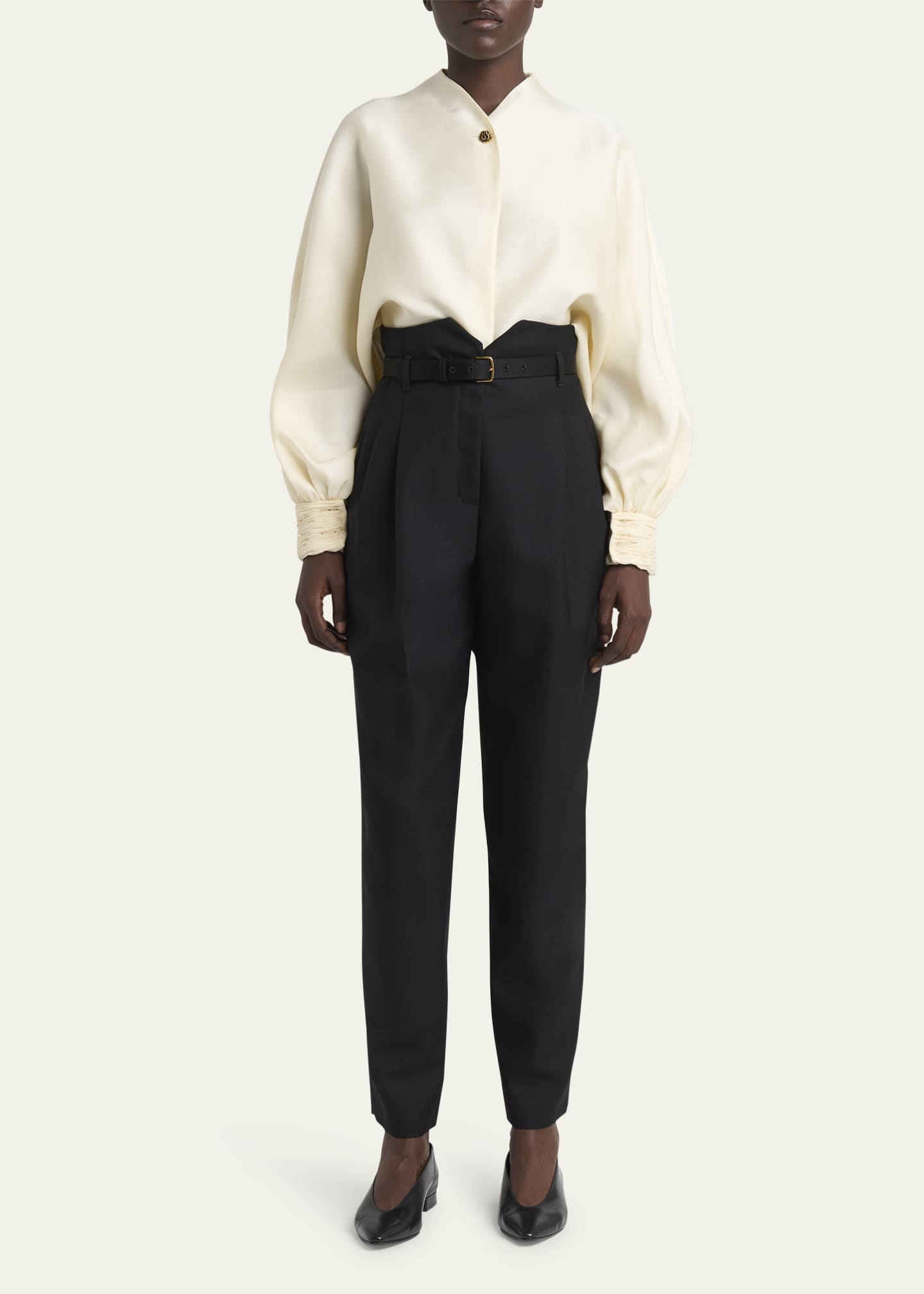 Loro Piana Jody Organdy Satin Embellished-Cuff Blouse Image 2 of 5