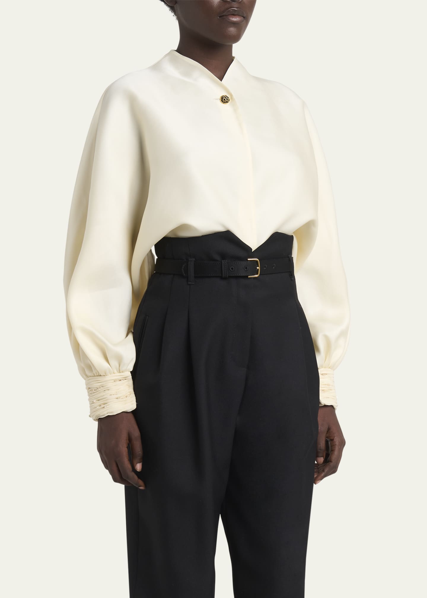 Loro Piana Jody Organdy Satin Embellished-Cuff Blouse Image 4 of 5