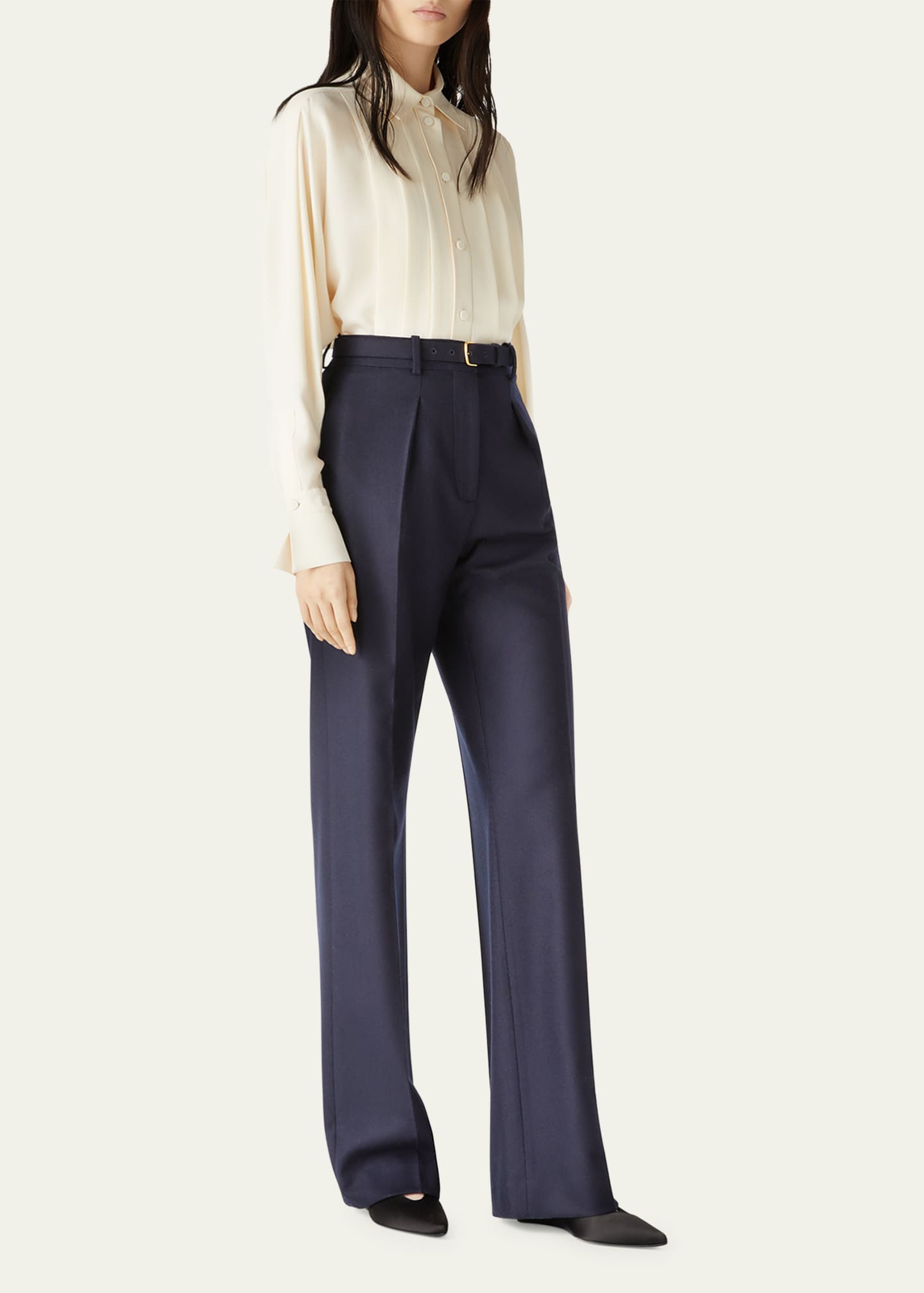 Loro Piana Edward Pintuck Belted Wool Cashmere Trousers Image 2 of 5