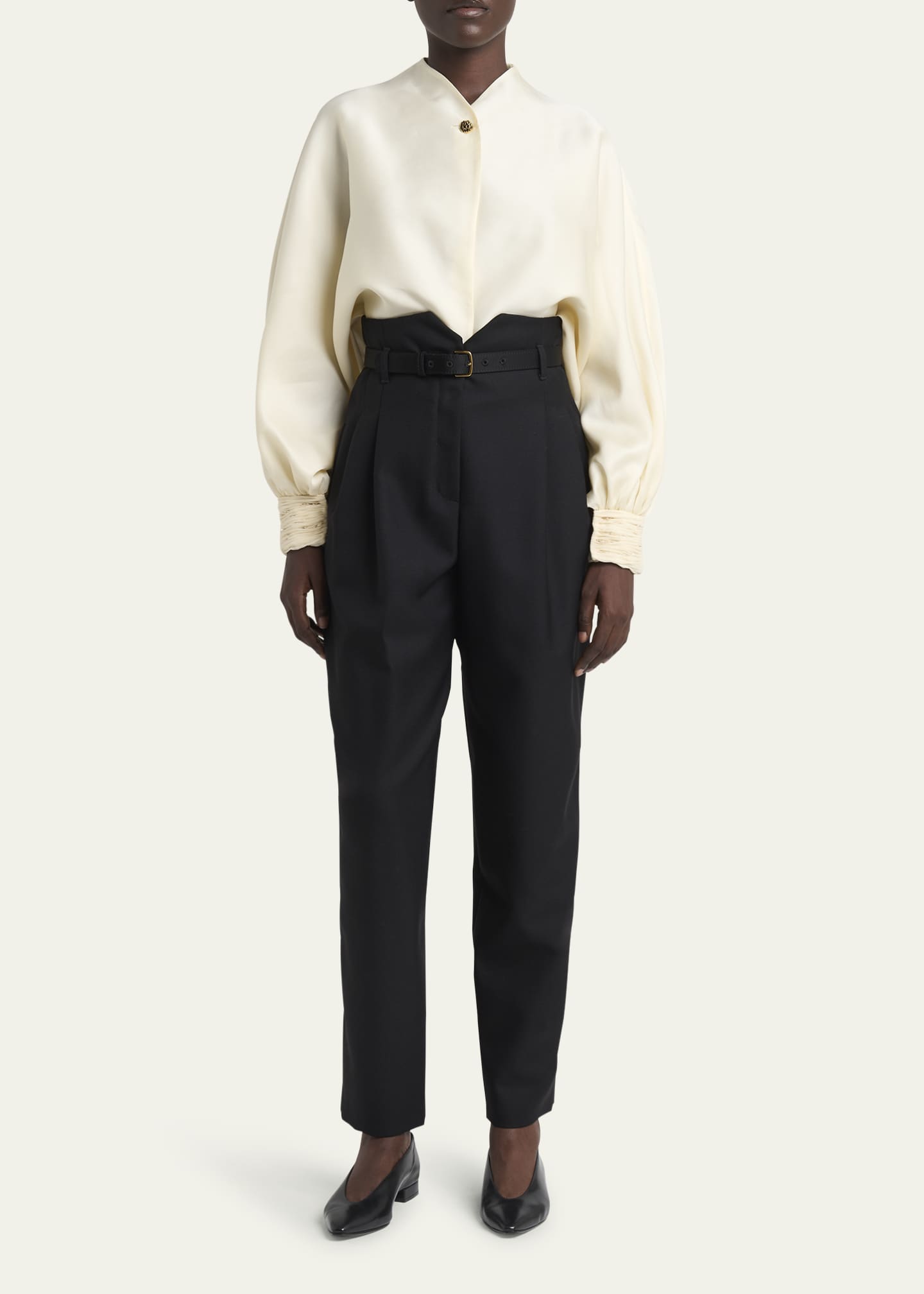 Loro Piana Jaeden Pleated Straight-Leg Tux Wool Trousers With Belt Image 2 of 5