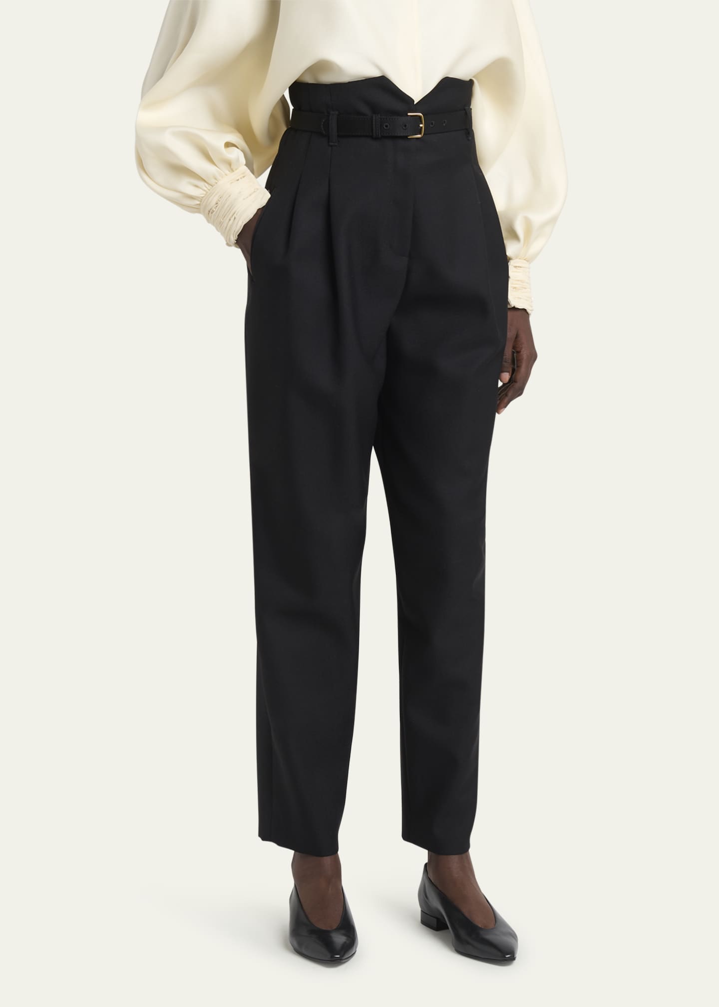 Loro Piana Jaeden Pleated Straight-Leg Tux Wool Trousers With Belt Image 4 of 5