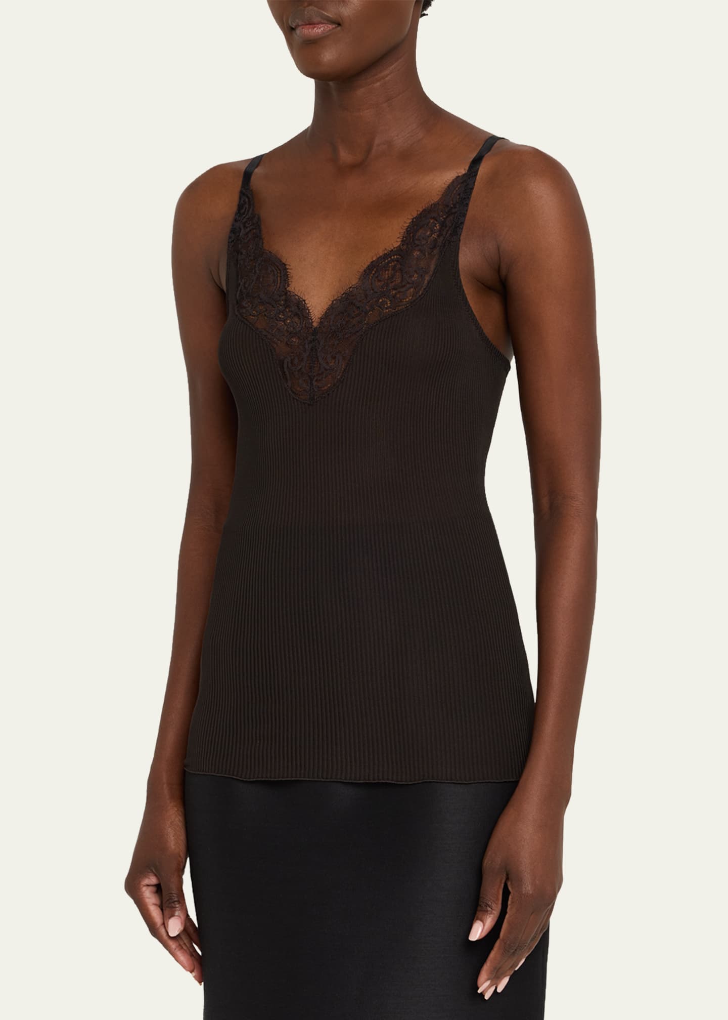 Saint Laurent Ribbed Knit Tank Top with Lace Detail Image 4 of 5