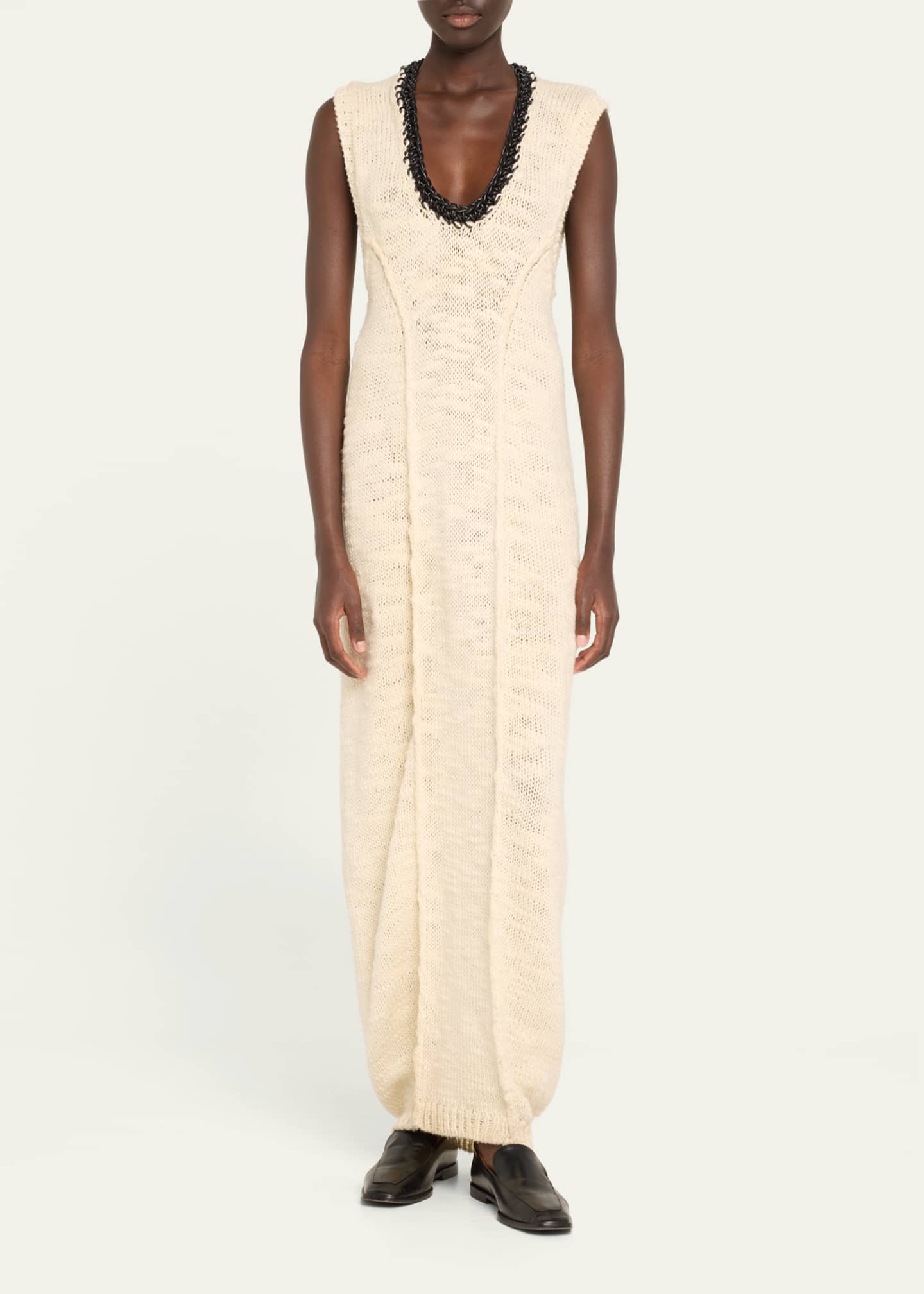 Aisling Camps Long Leather-Trim Crochet Wool Cocoon Dress Image 2 of 5