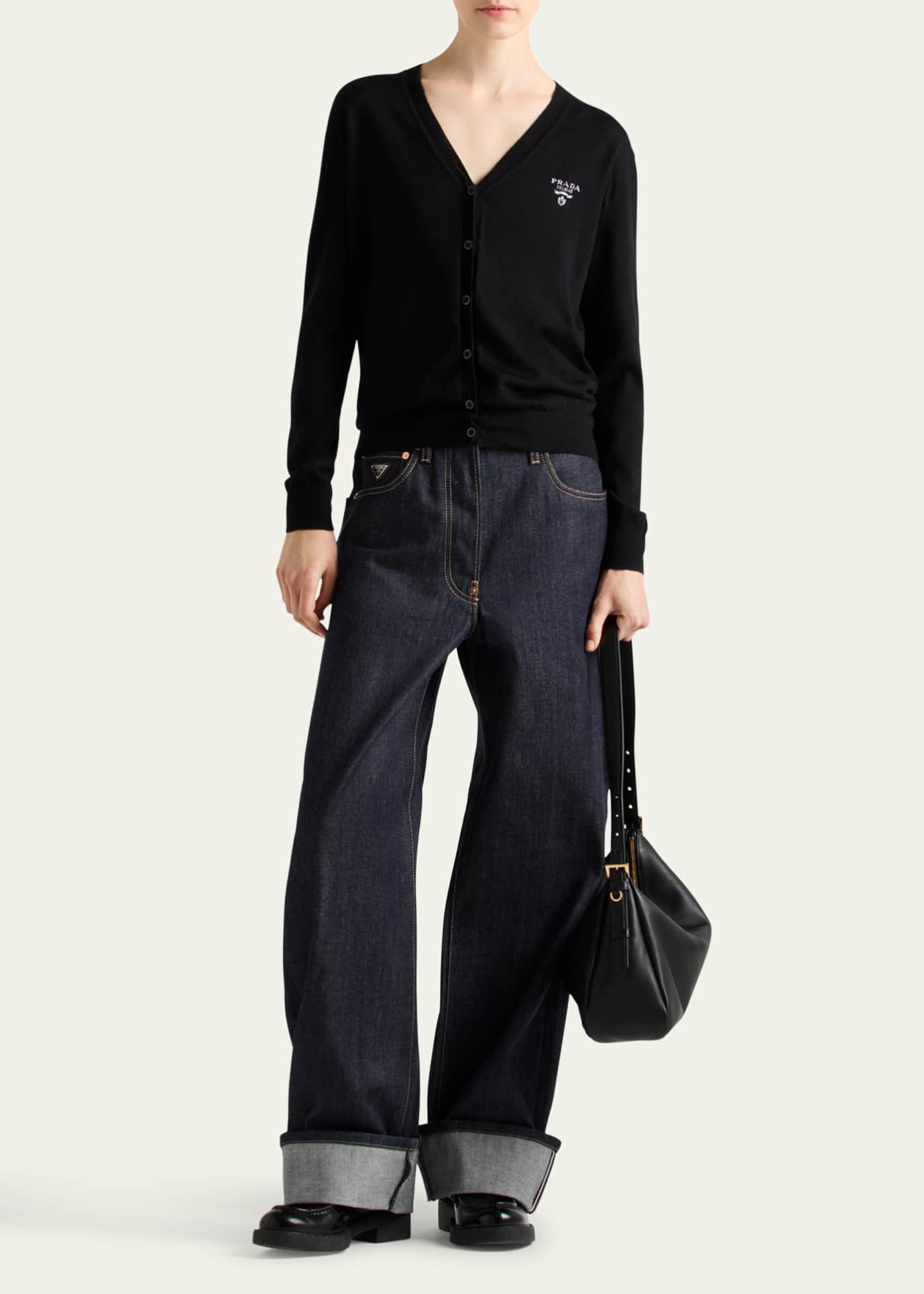 Prada Logo Intarsia V-Neck Superfine Cashmere Cardigan Image 2 of 4