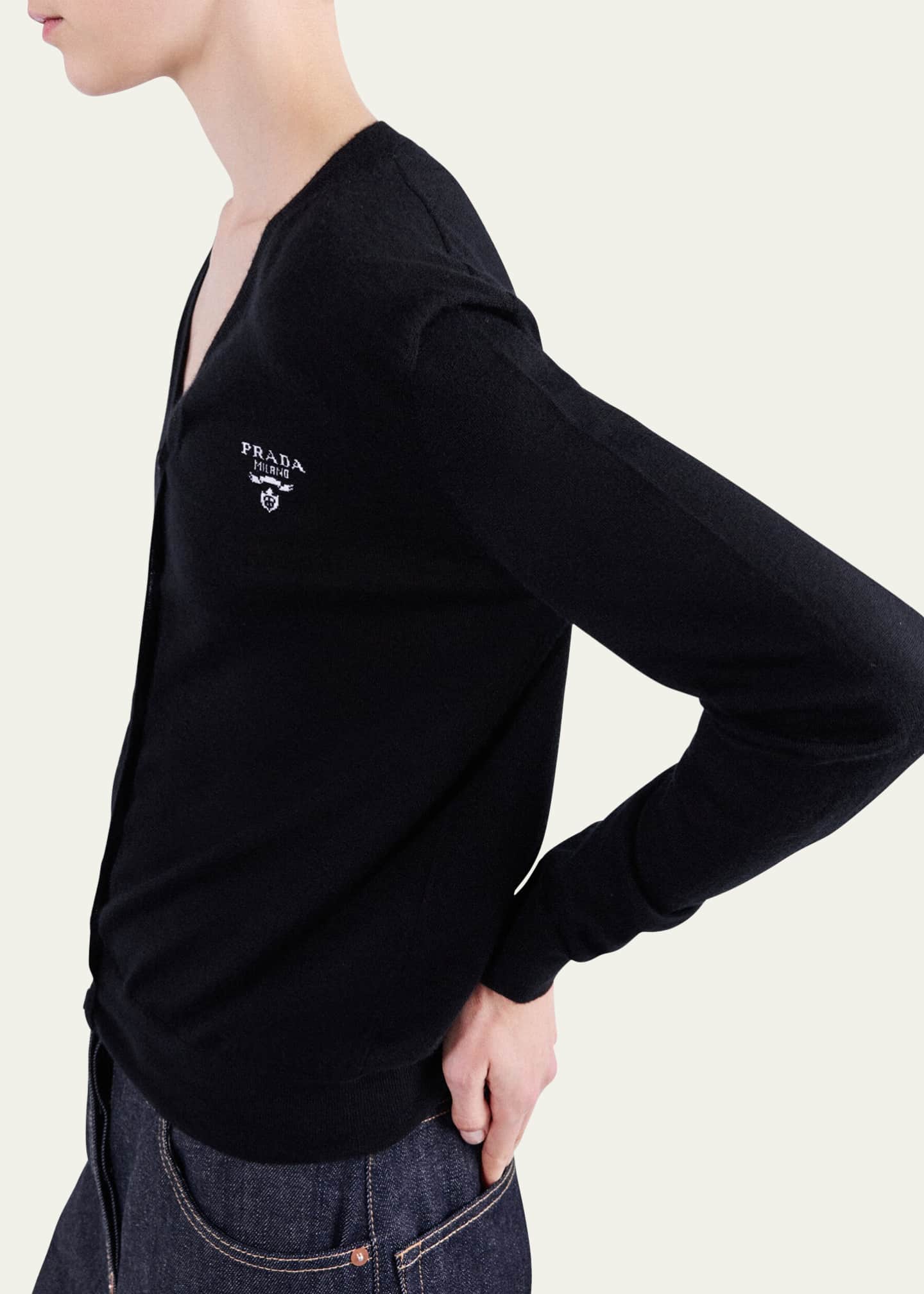 Prada Logo Intarsia V-Neck Superfine Cashmere Cardigan Image 4 of 4