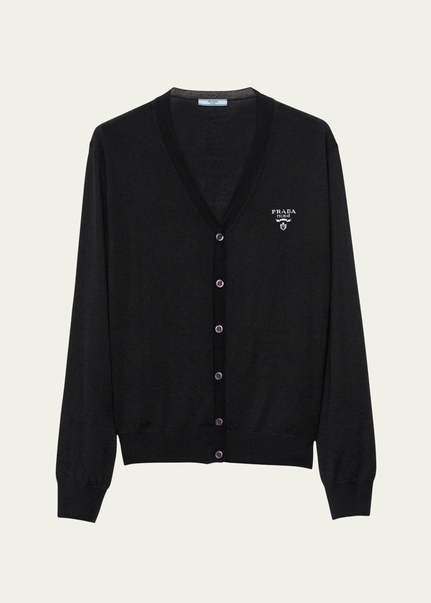 Prada Logo Intarsia V-Neck Superfine Cashmere Cardigan Image 1 of 4