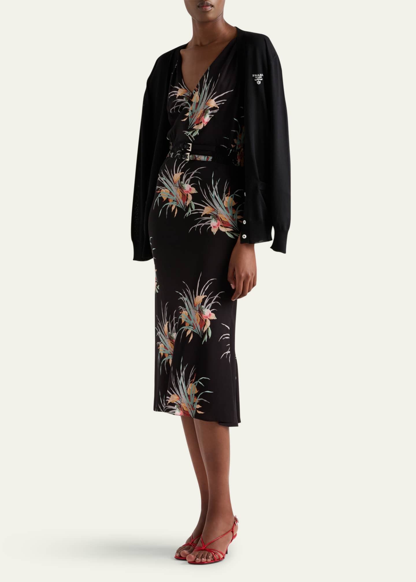 Prada Floral Sable Fit-Flare Midi Dress Image 2 of 4