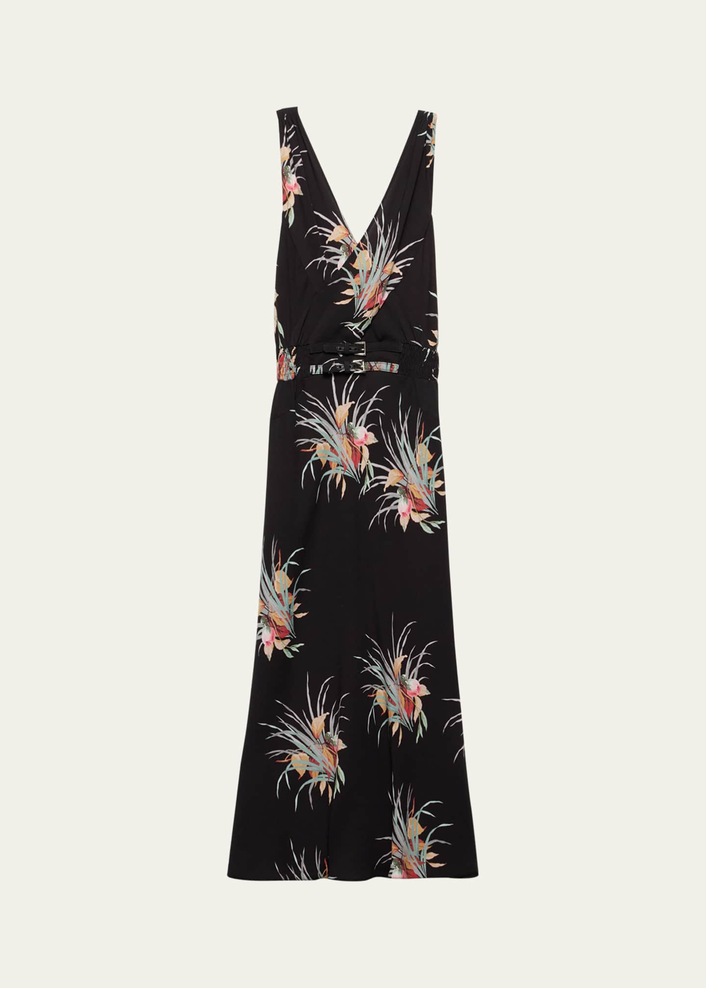 Prada Floral Sable Fit-Flare Midi Dress Image 1 of 4