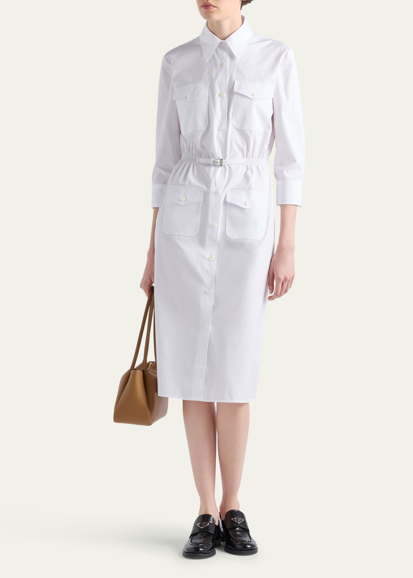 Prada Button Down Belted Poplin Midi Shirt Dress Image 2 of 3