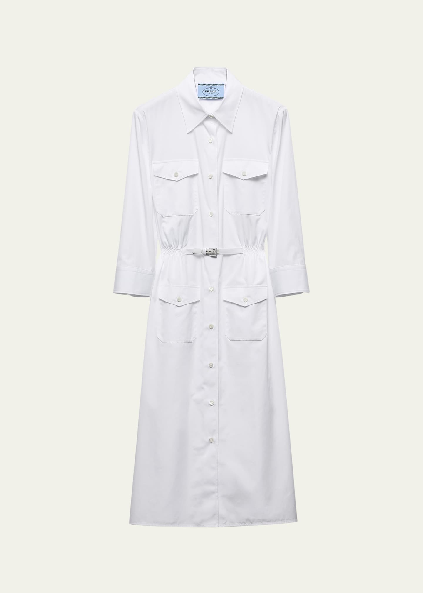 Prada Button Down Belted Poplin Midi Shirt Dress Image 1 of 3