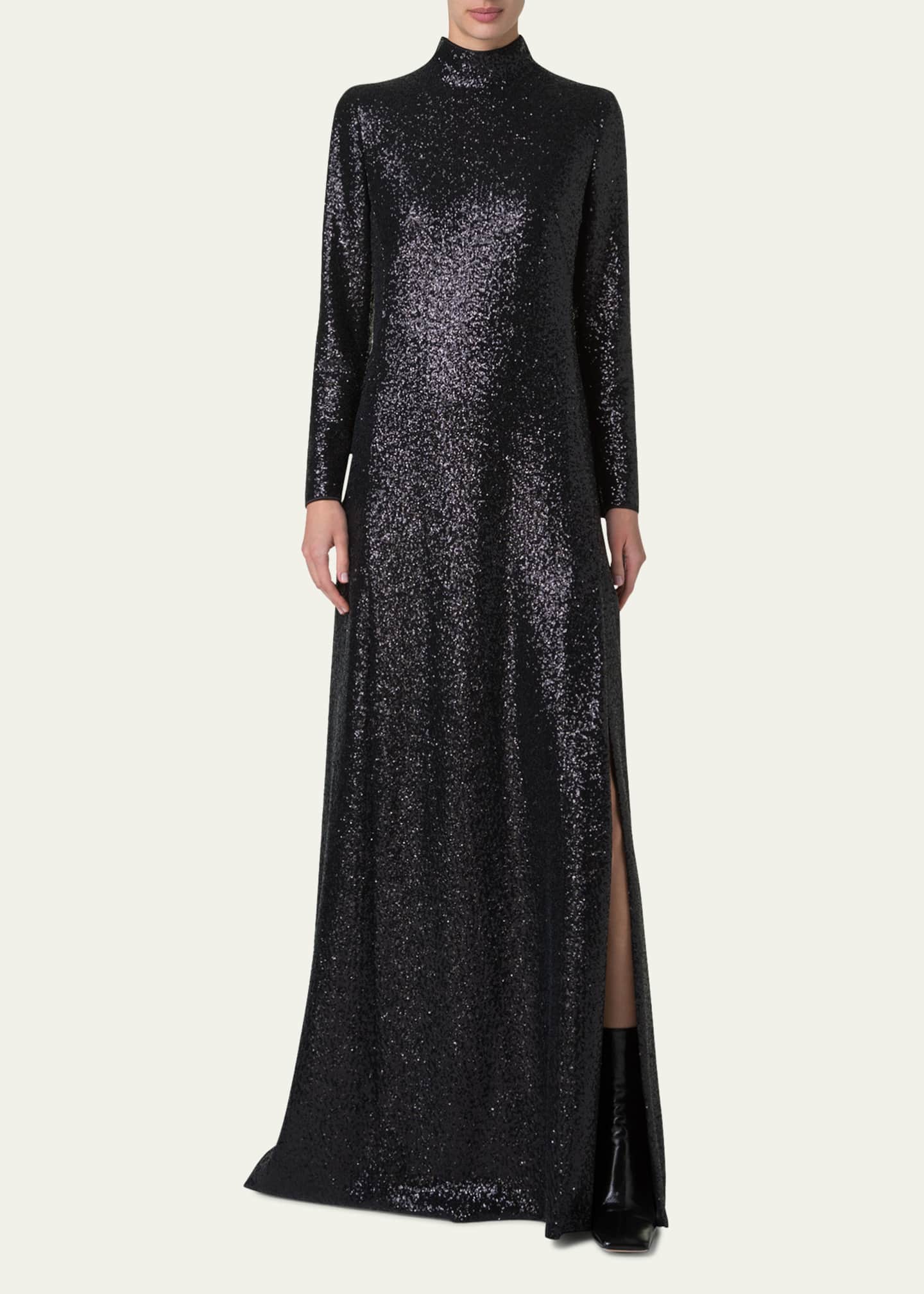 Akris Sequined Jersey High-Neck Long Sleeve Gown Image 2 of 5