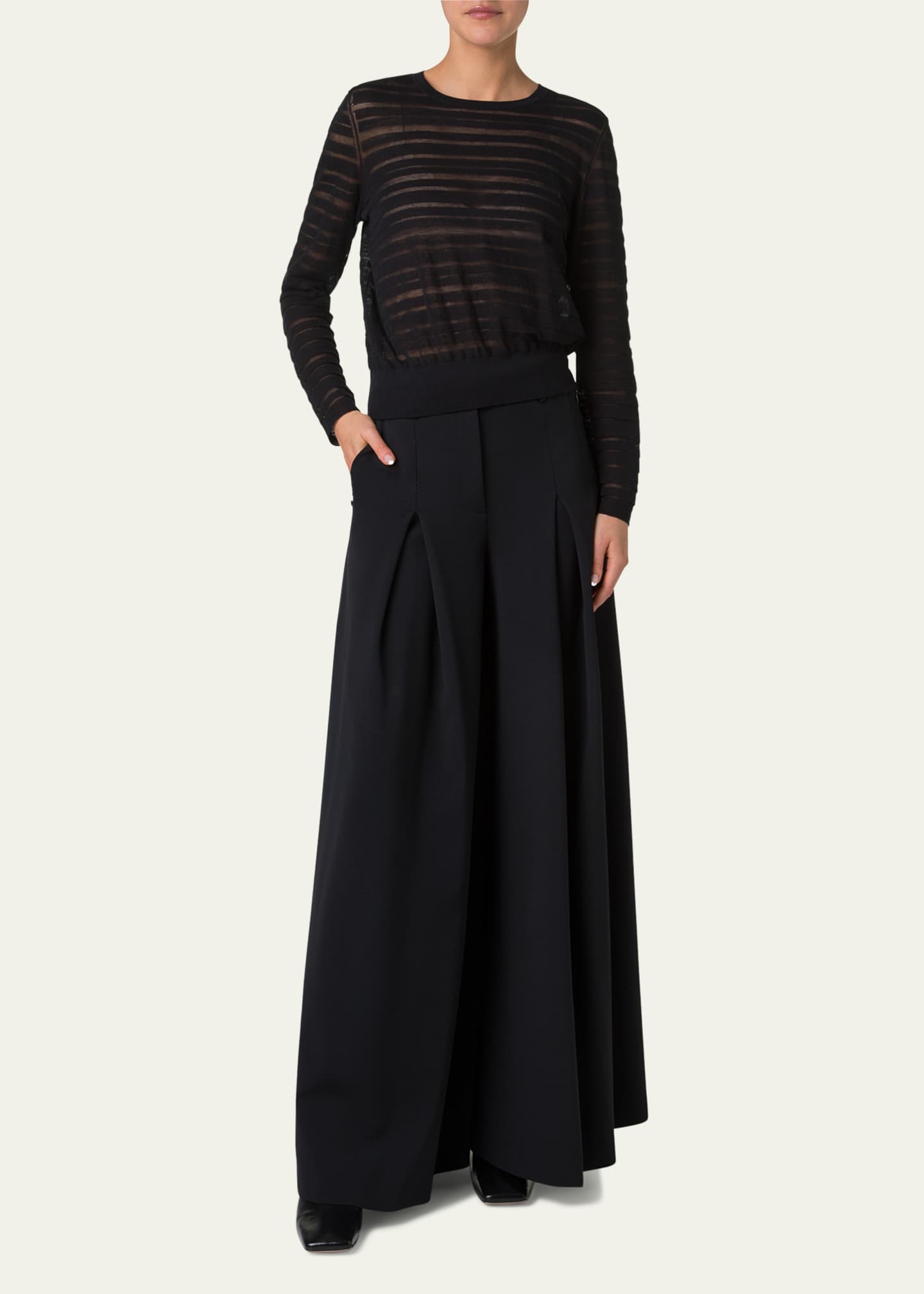 Sheer Stripe Knit Crewneck Sweater - Thumbnail 2