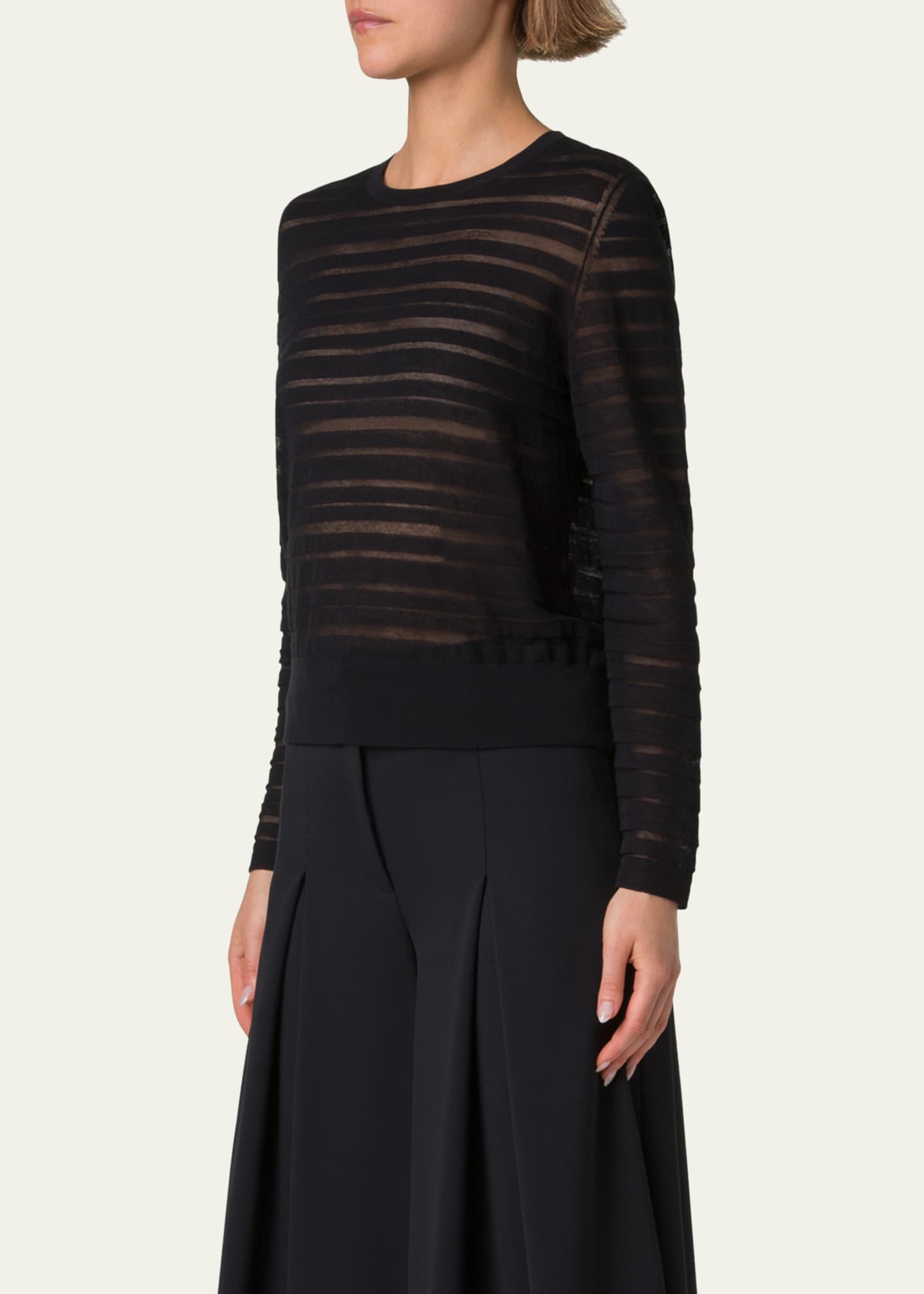 Sheer Stripe Knit Crewneck Sweater - Thumbnail 4
