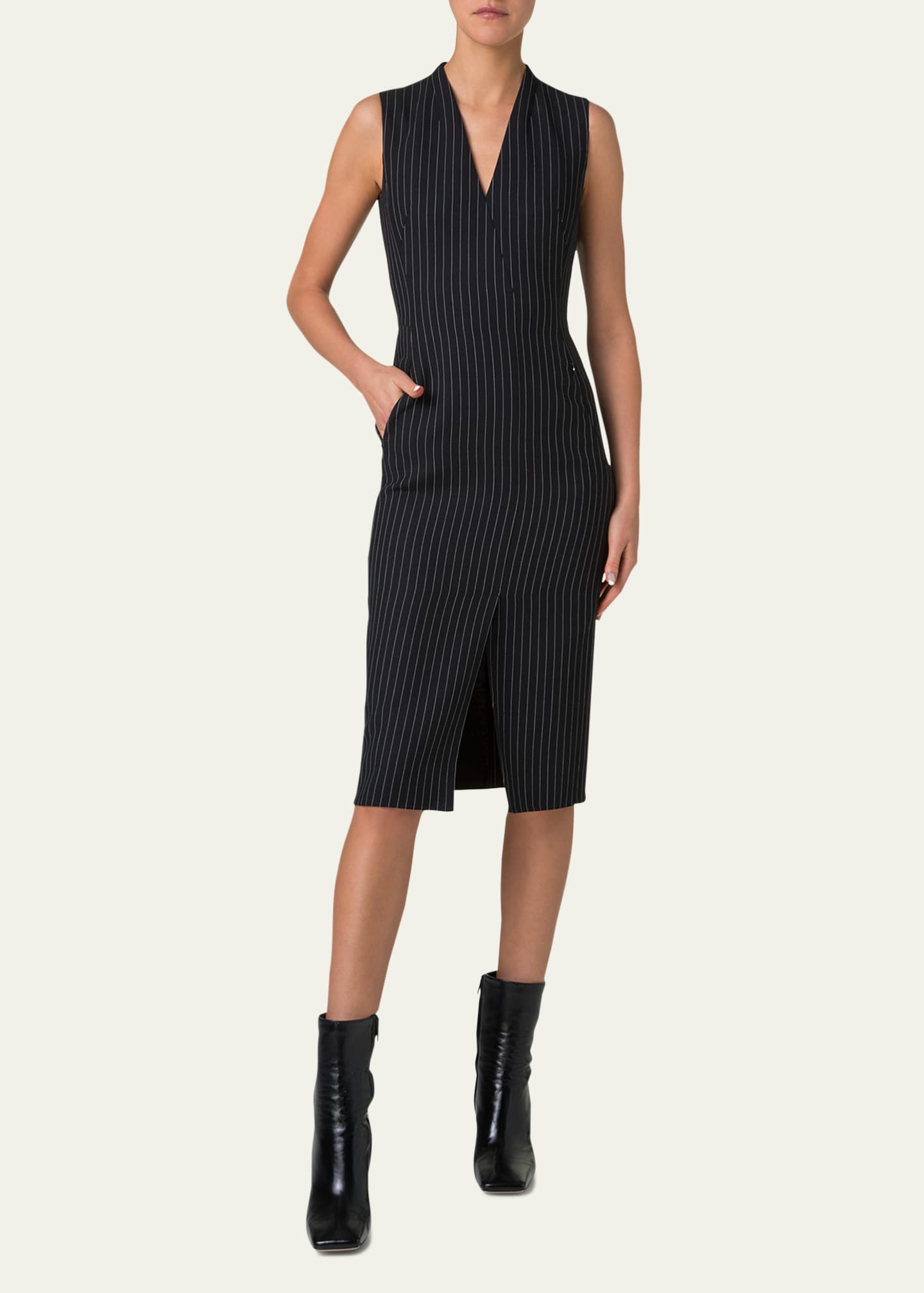 V-Neck Pinstripe Sleeveless Dress - Thumbnail 2