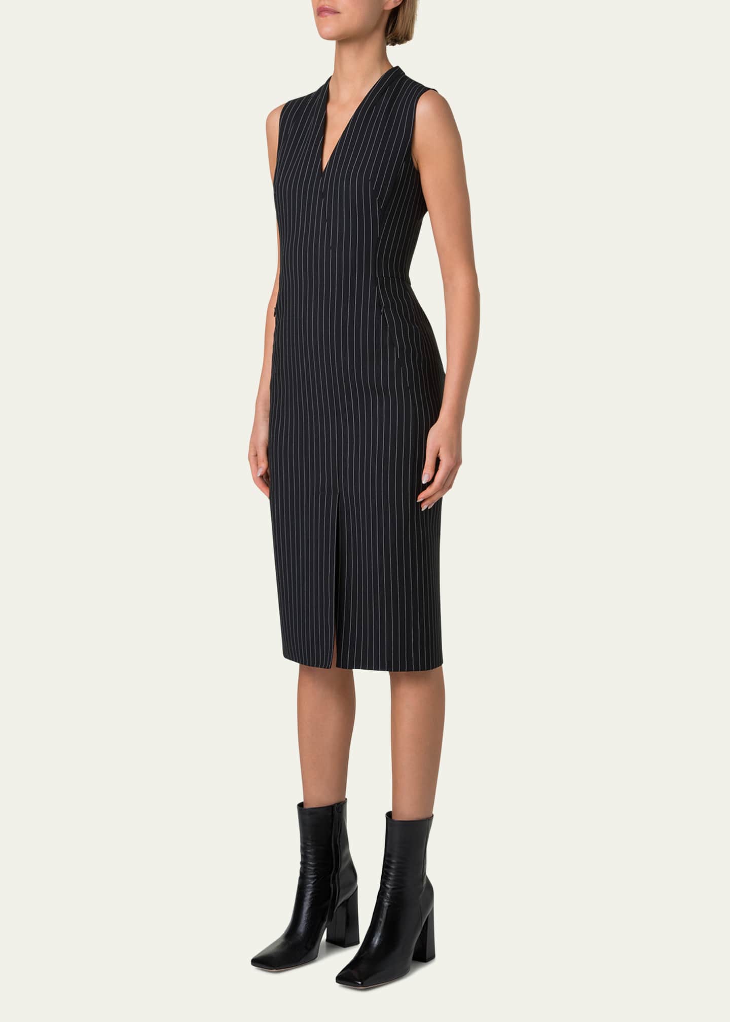 V-Neck Pinstripe Sleeveless Dress - Thumbnail 4