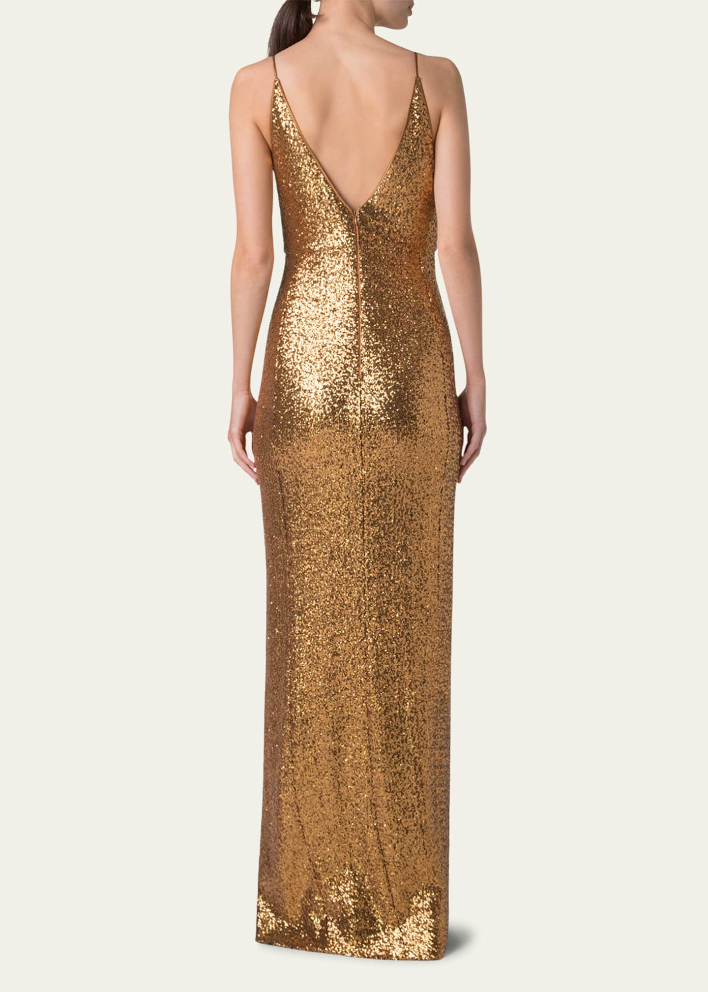V-Neck Stretch Paillette Jersey Slit Gown
