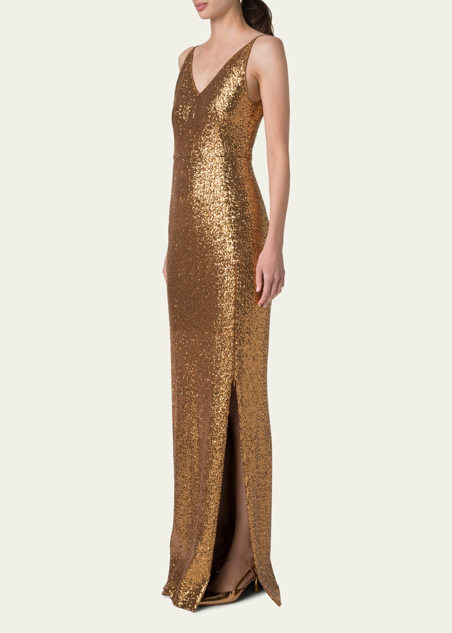 Akris V-Neck Stretch Paillette Jersey Slit Gown Image 4 of 5