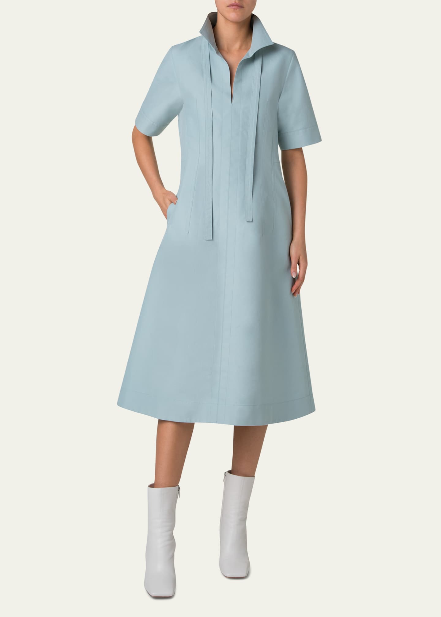 Collared Short-Sleeve Cotton Poplin A-Line Midi Shirtdress