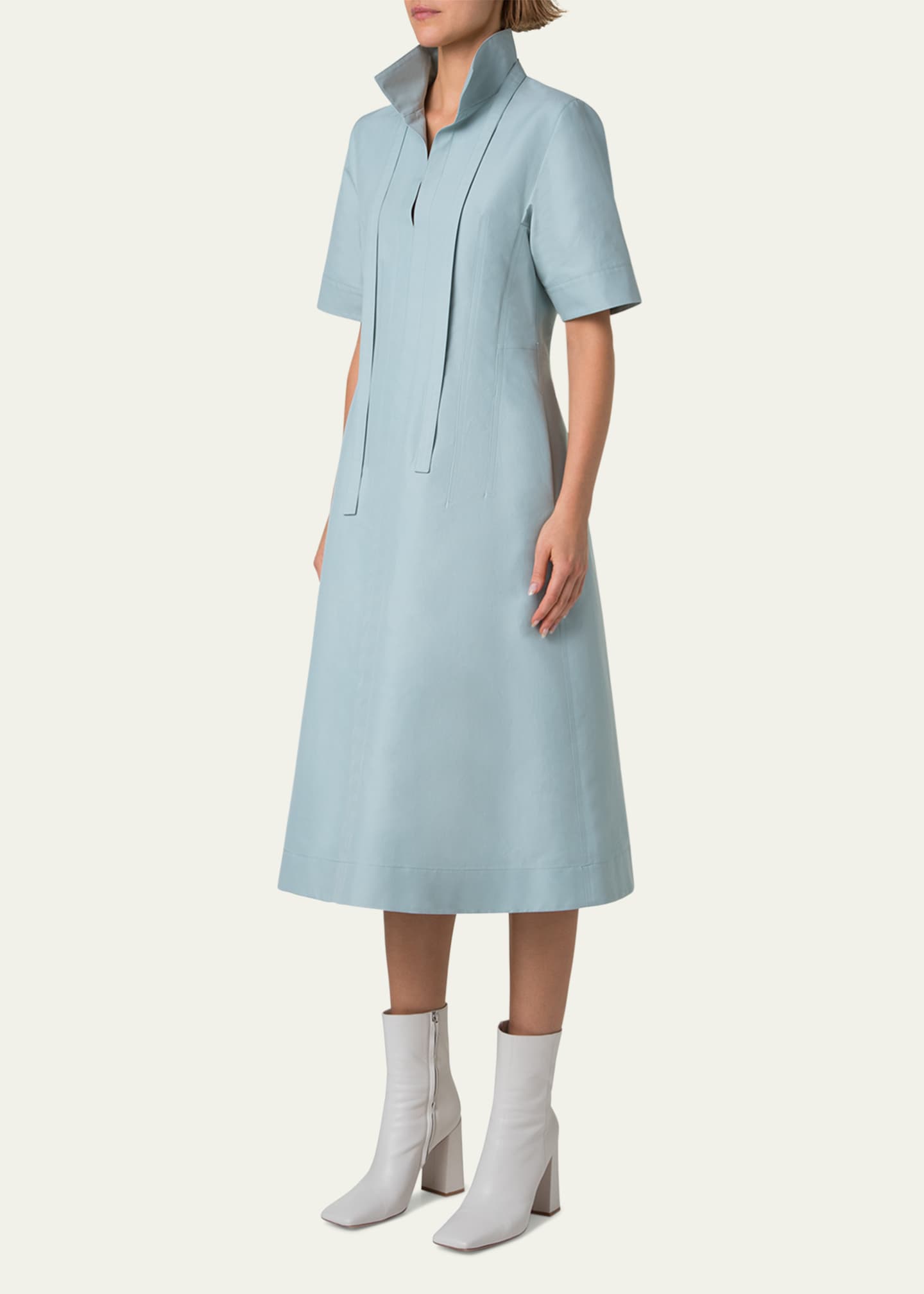 Collared Short-Sleeve Cotton Poplin A-Line Midi Shirtdress