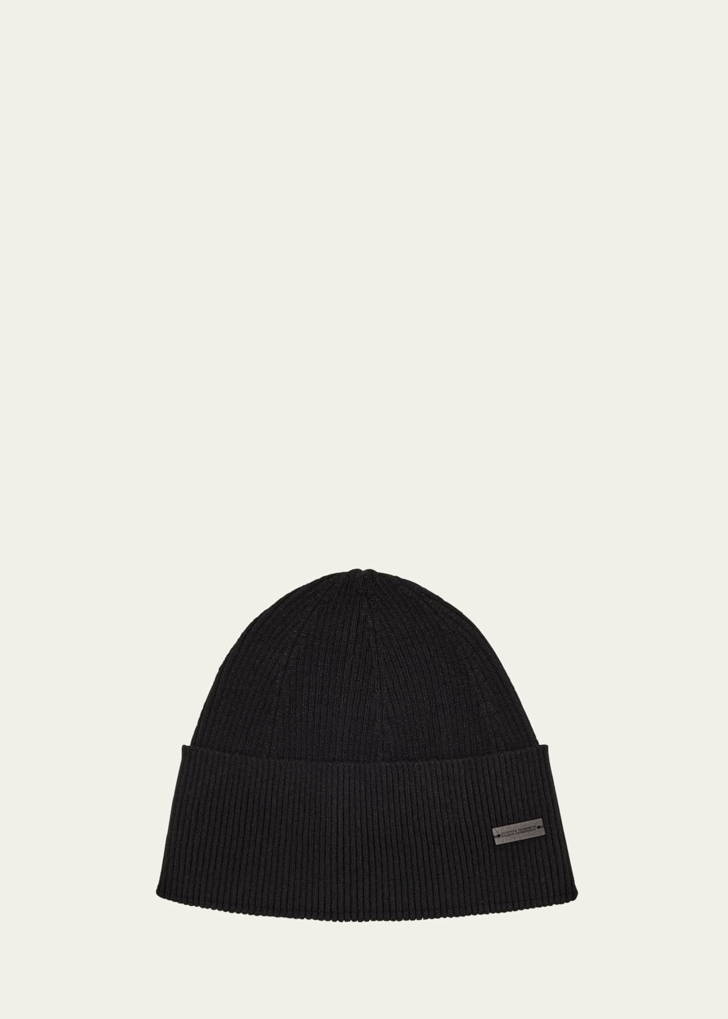 Saint Laurent Men's Cashmere Knit Beanie Hat with Leather Logo