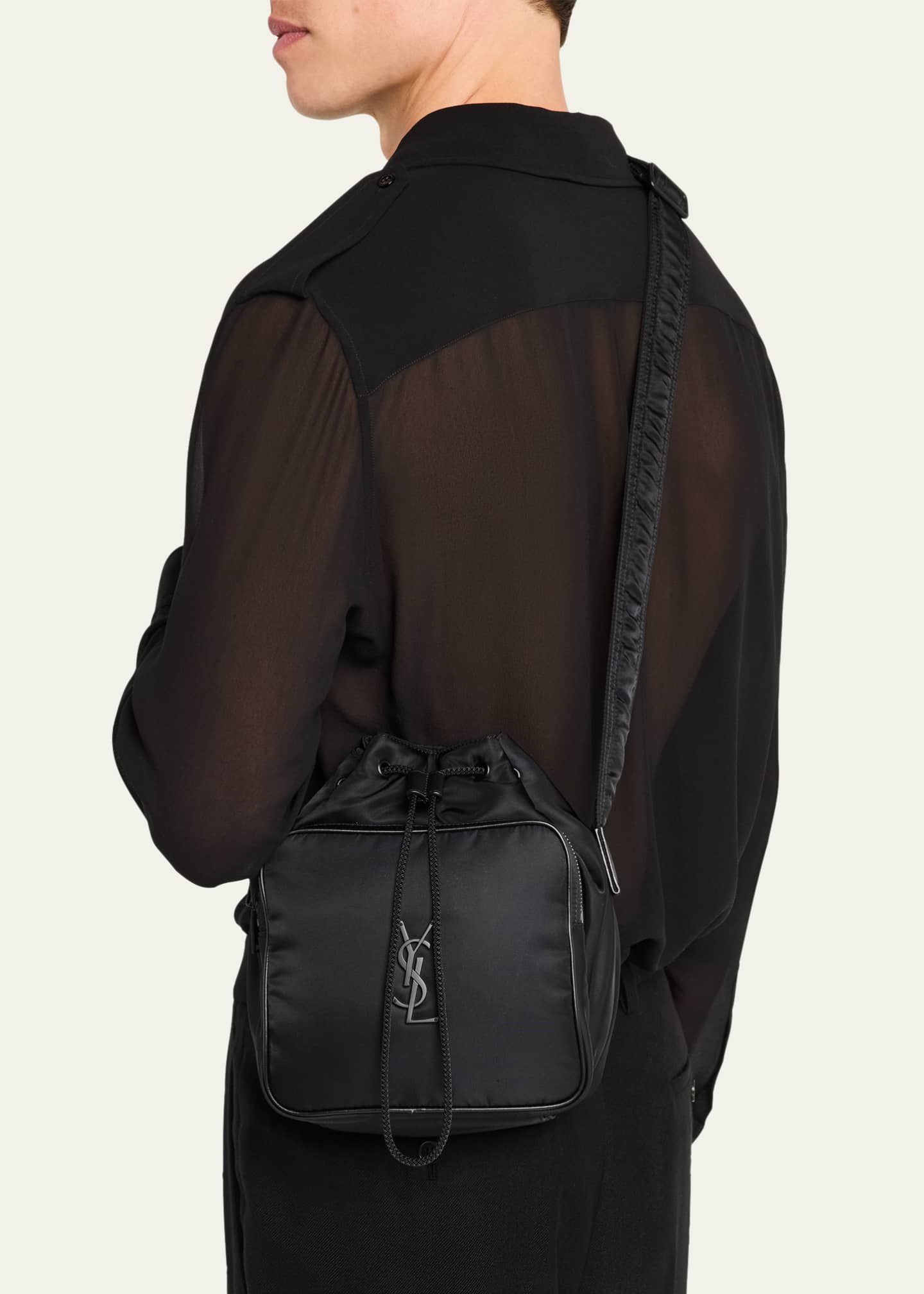 Saint Laurent Men's Niki Small YSL Bucket Crossbody Bag in Nylon Image 2 of 6