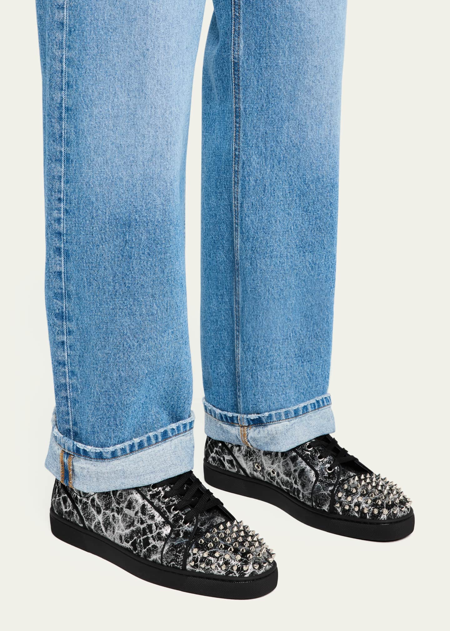 Christian Louboutin Men's Louis Junior Spikes Leather Low-Top Sneakers Image 2 of 5