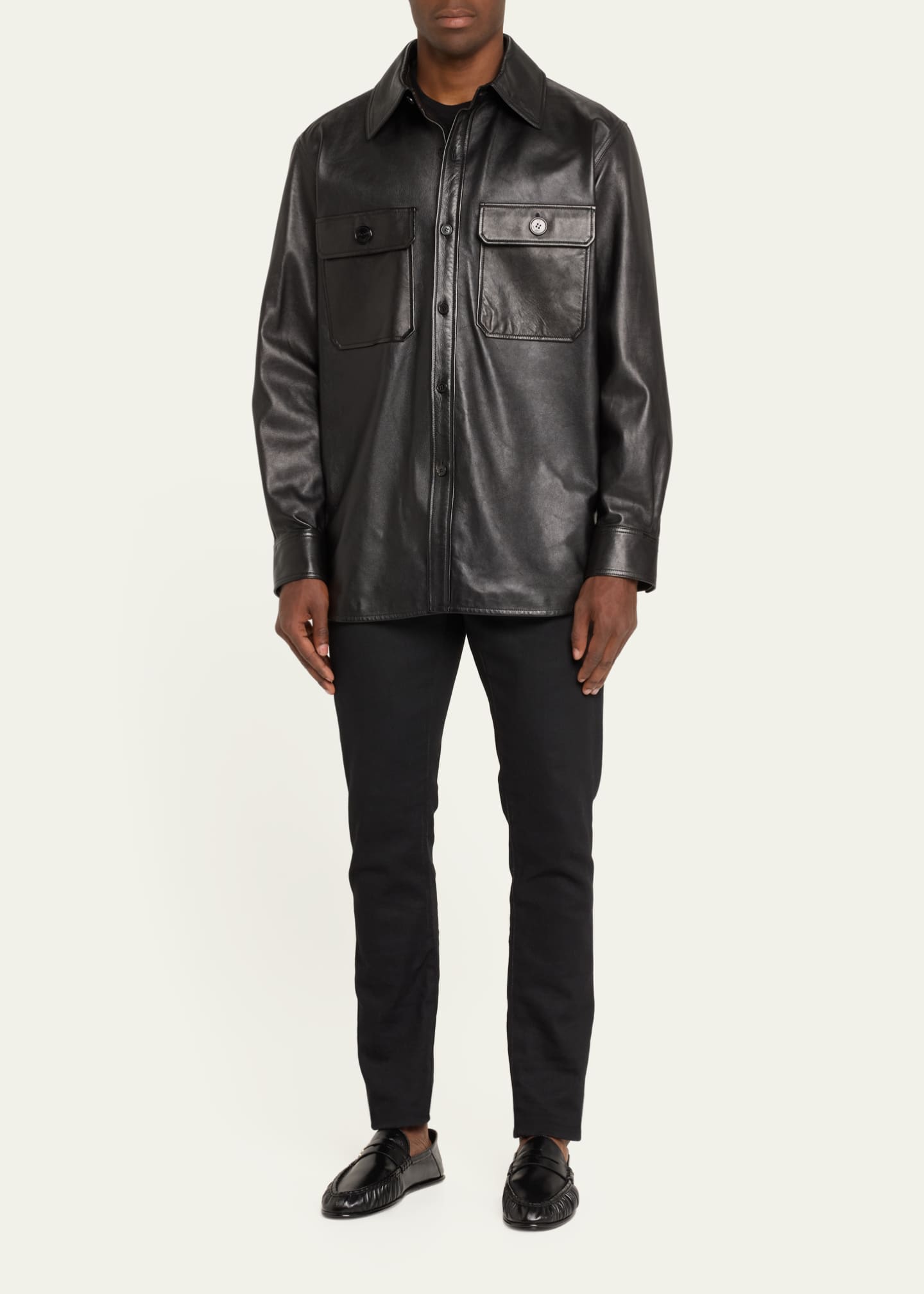 Saint Laurent Men's 2-Pocket Leather Overshirt Image 2 of 5
