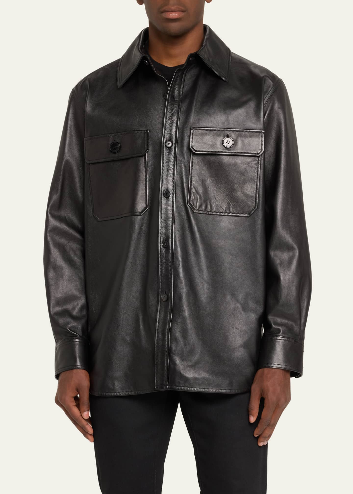 Saint Laurent Men's 2-Pocket Leather Overshirt Image 4 of 5