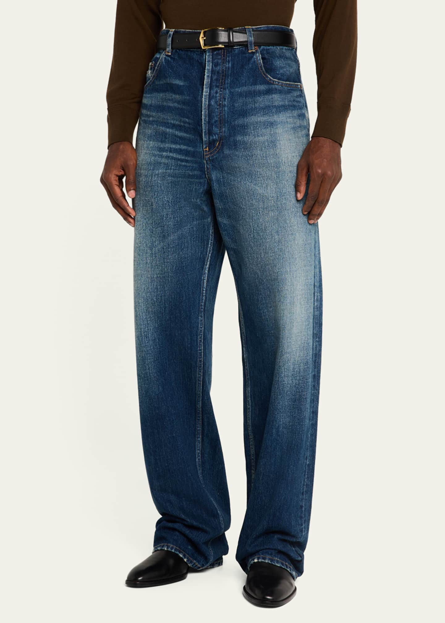 Saint Laurent Men's Wide-Leg Faded Jeans Image 4 of 5