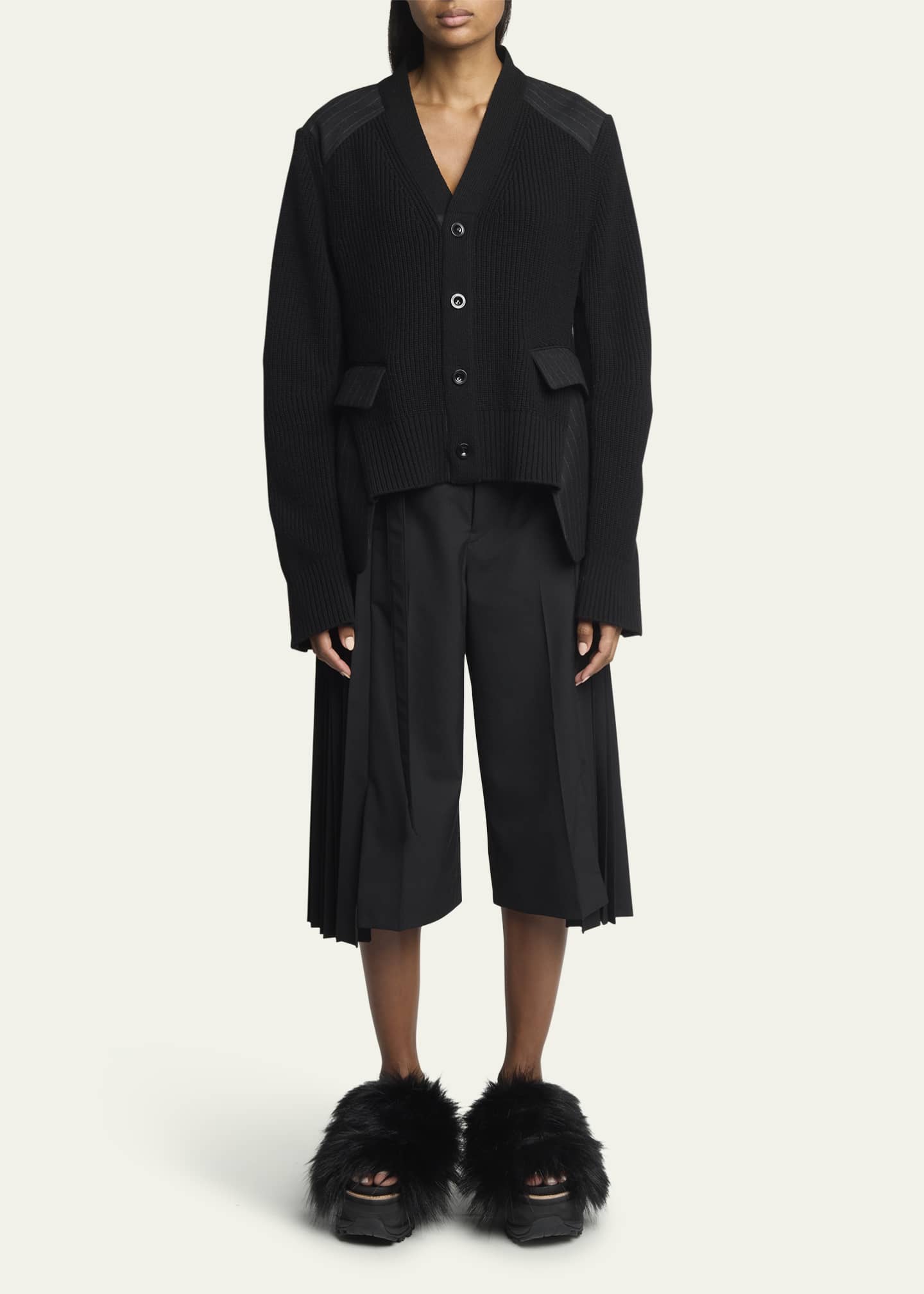 SACAI Hybrid Chalk Stripe Ribbed Wool Blazer Cardigan Image 2 of 5