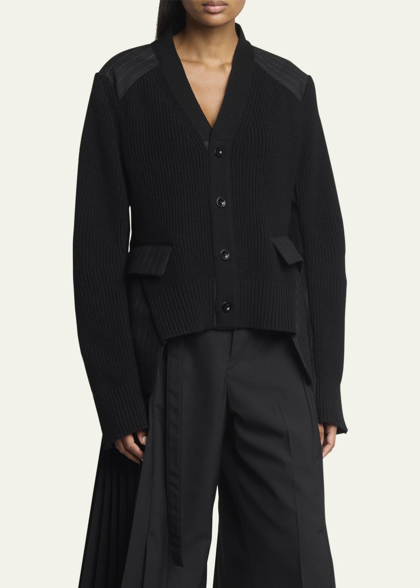 SACAI Hybrid Chalk Stripe Ribbed Wool Blazer Cardigan Image 4 of 5