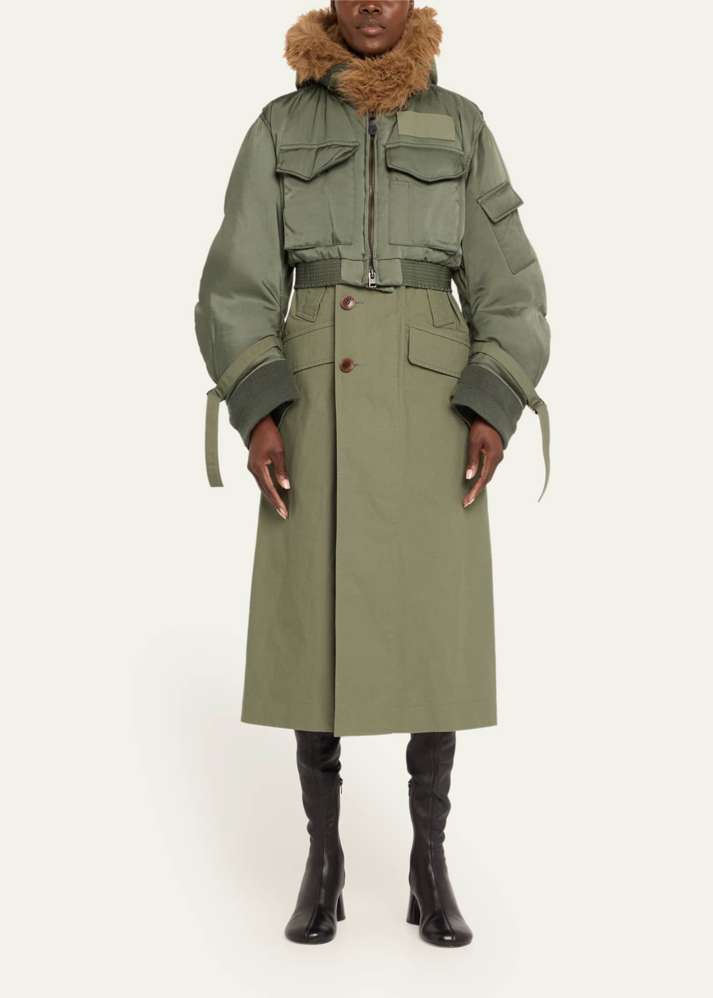 SACAI Spiewak Faux Fur Trim Nylon Trench Hybrid Coat Image 2 of 5