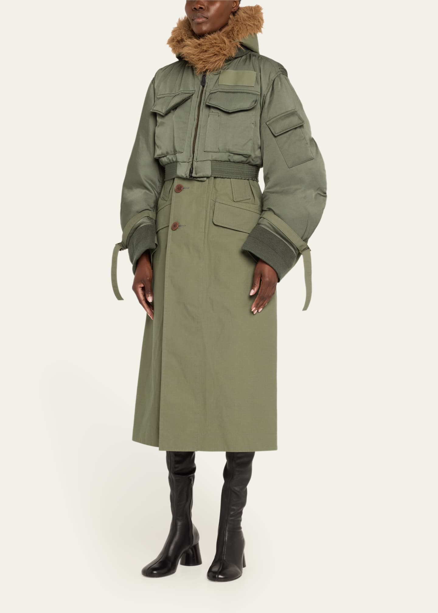SACAI Spiewak Faux Fur Trim Nylon Trench Hybrid Coat Image 4 of 5