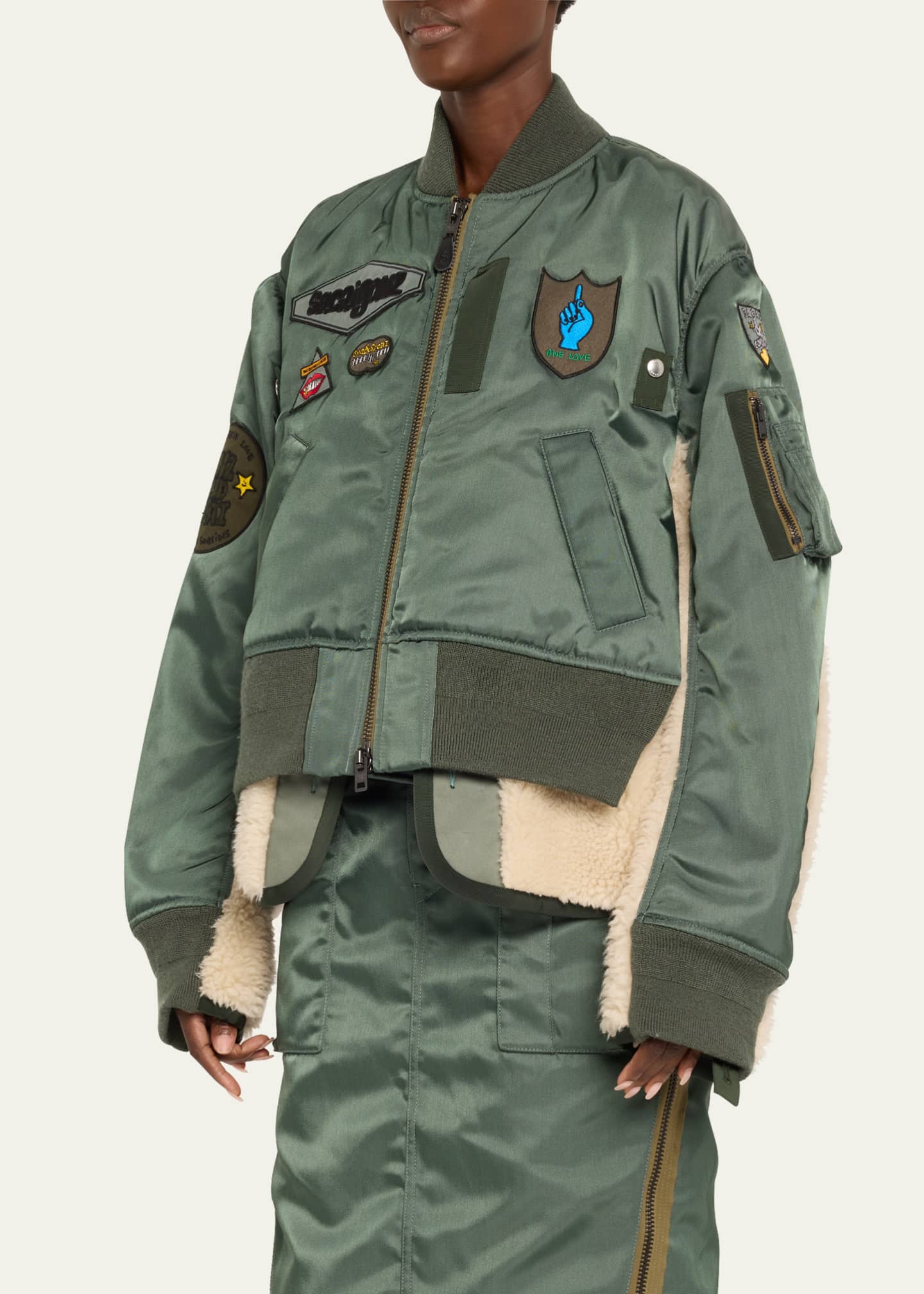 SACAI Spiewak Patch Nylon Shearling Bomber Jacket Image 4 of 5