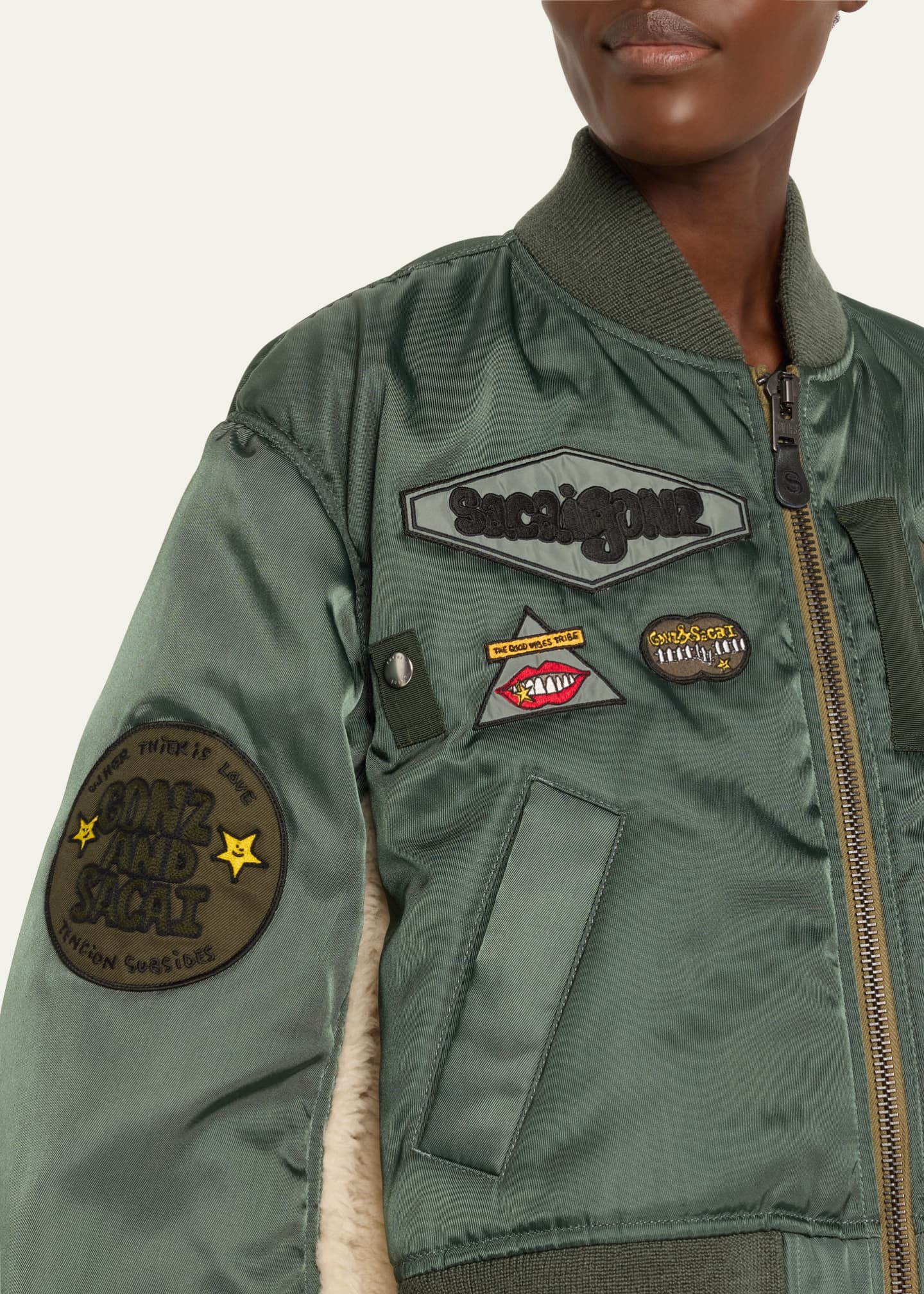 SACAI Spiewak Patch Nylon Shearling Bomber Jacket Image 5 of 5