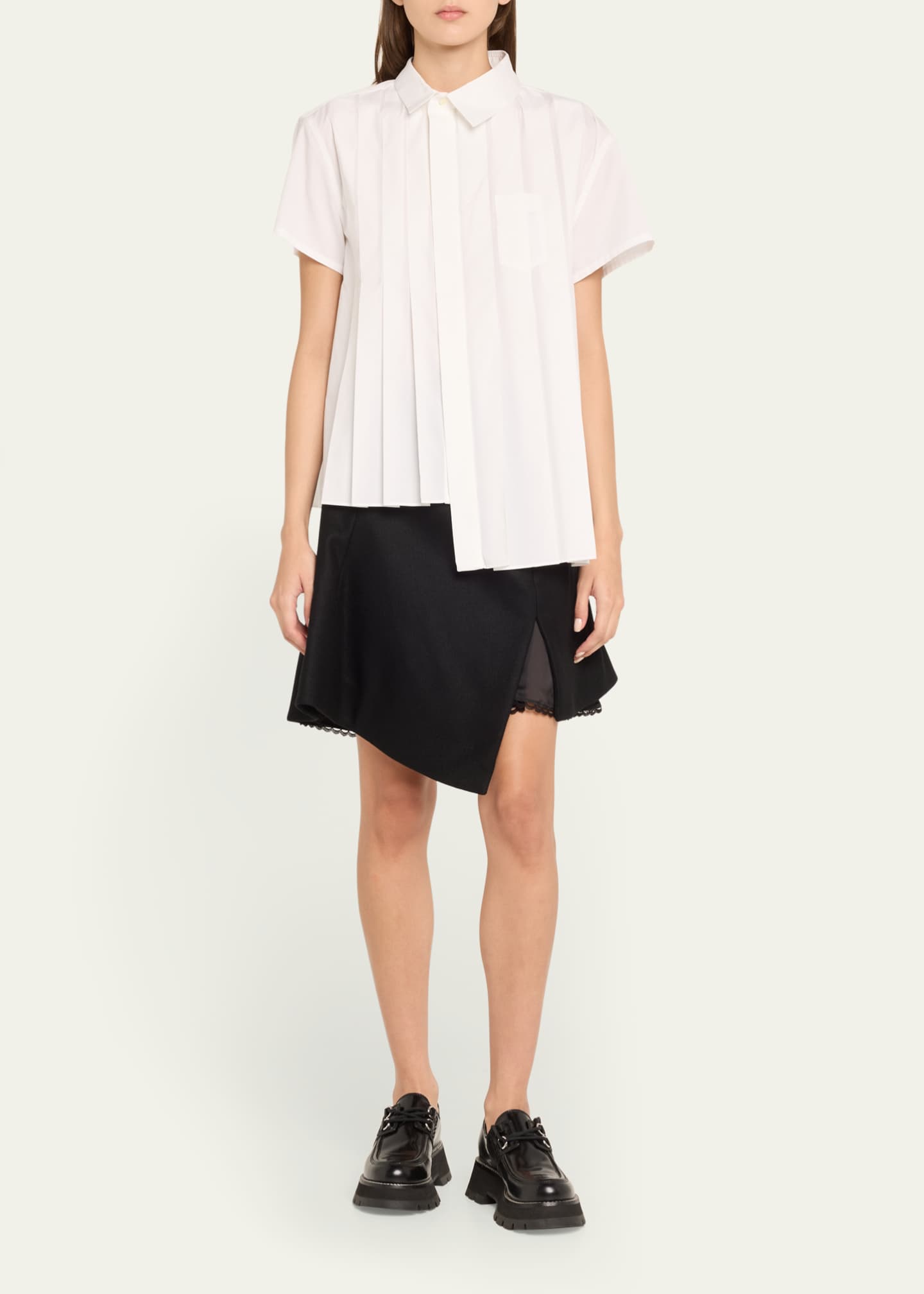 SACAI Poplin Pleated Asymmetric Button-Front Shirt Image 2 of 5