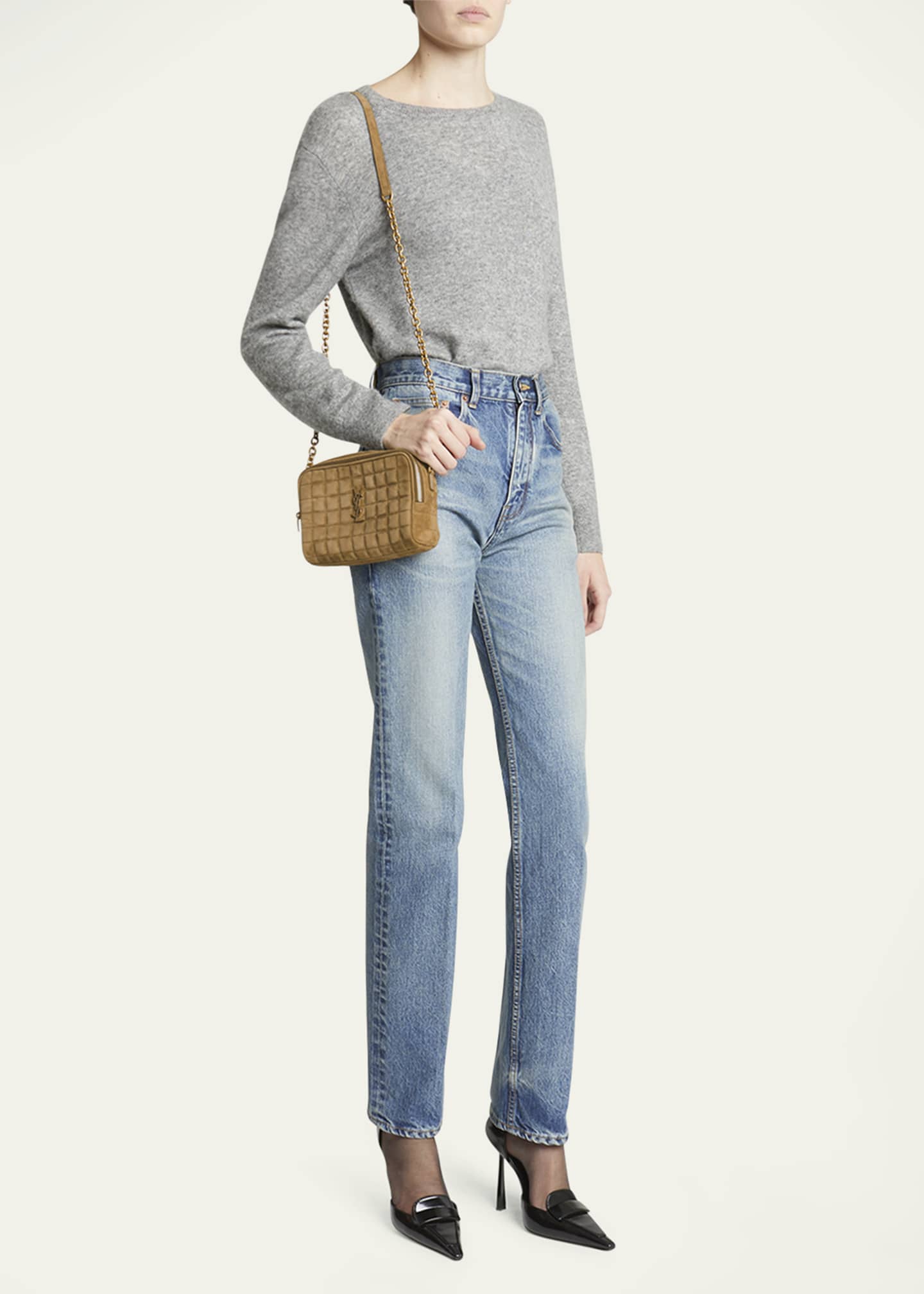 Saint Laurent Mini YSL Camera Crossbody Bag in Quilted Suede