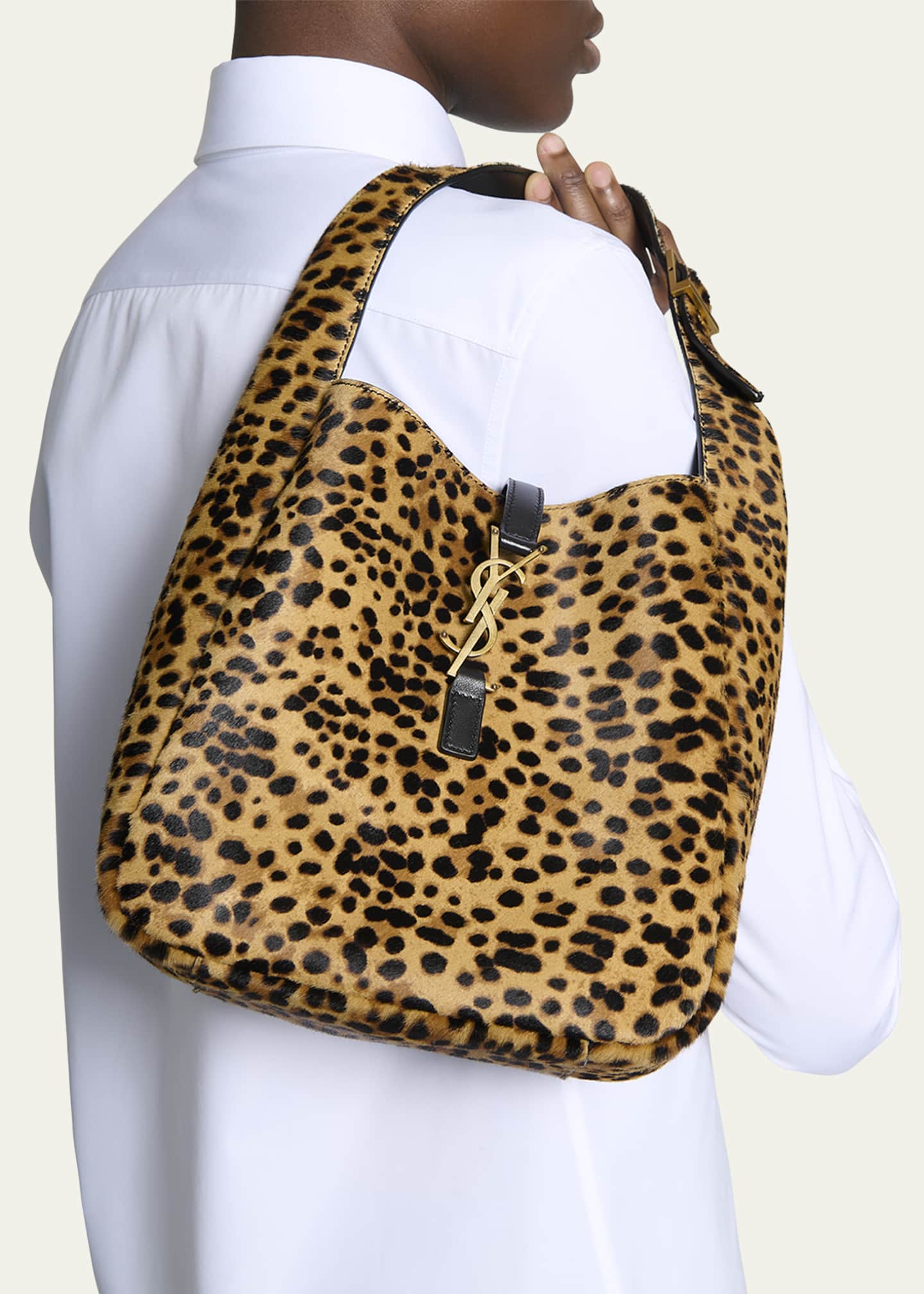 Le 5 A 7 Small YSL Hobo Bag in Leopard-Print Calf Hair