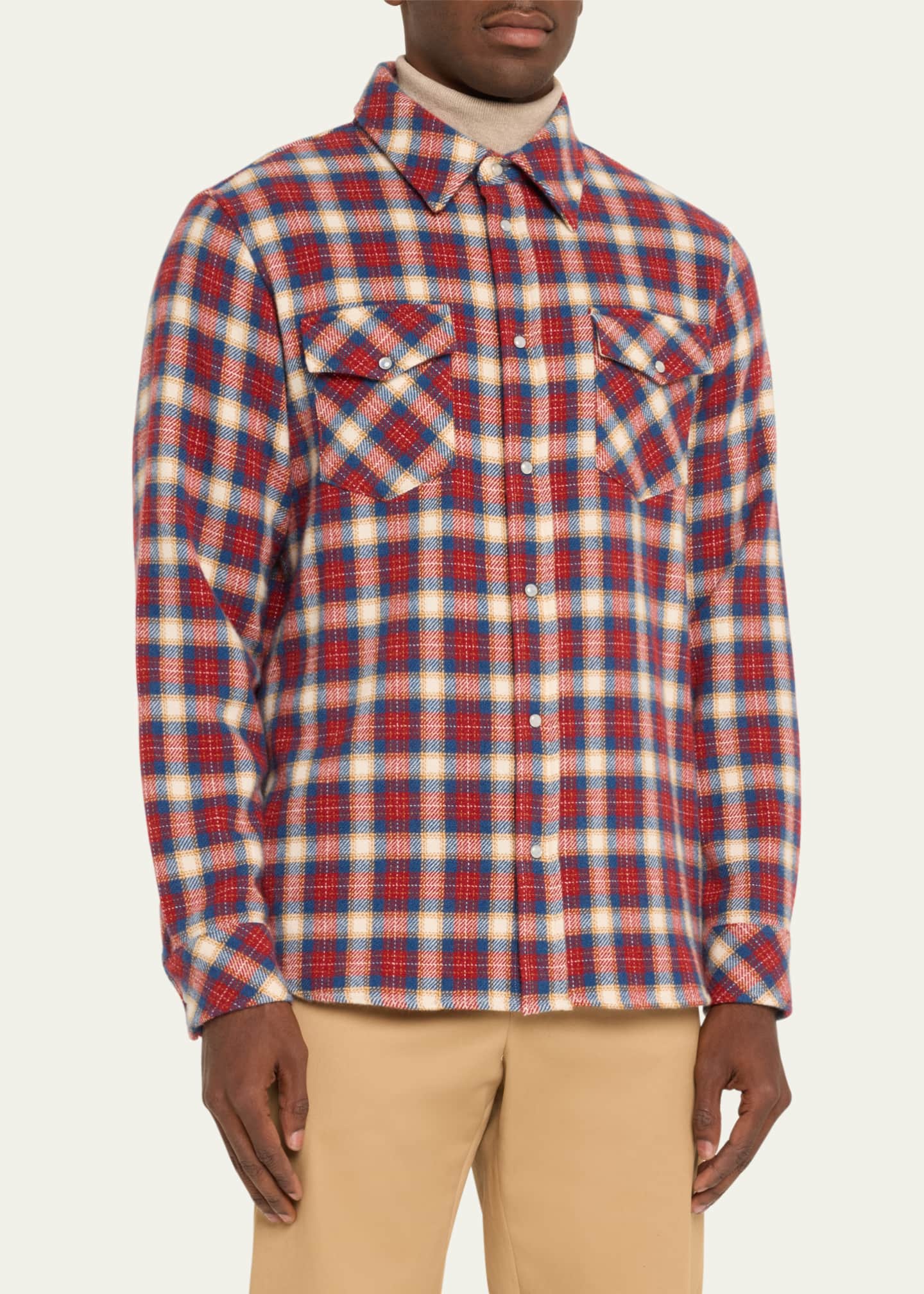 God's True Cashmere Men's Plaid Cashmere Shirt with Moonstone Snaps Image 3 of 4
