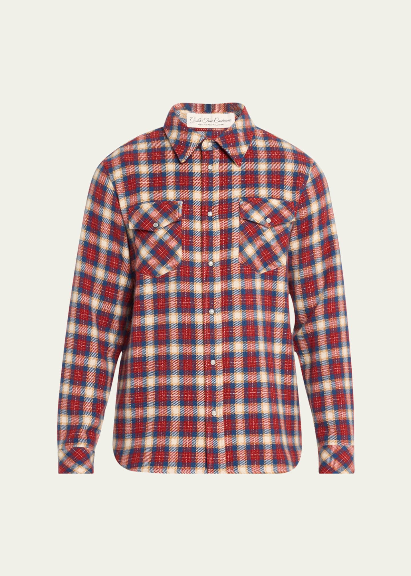 God's True Cashmere Men's Plaid Cashmere Shirt with Moonstone Snaps Image 1 of 4