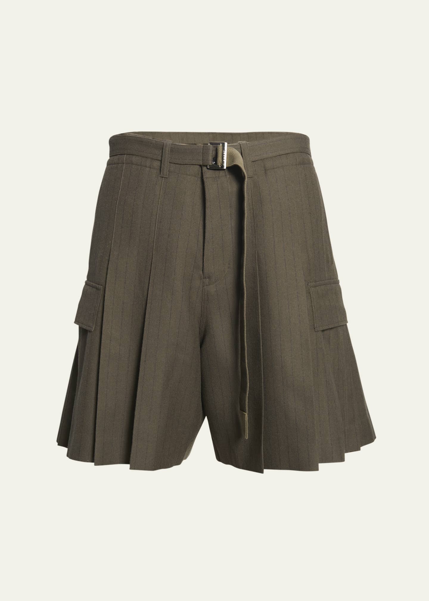 SACAI Men s Pleated Khaki Pinstripe Shorts