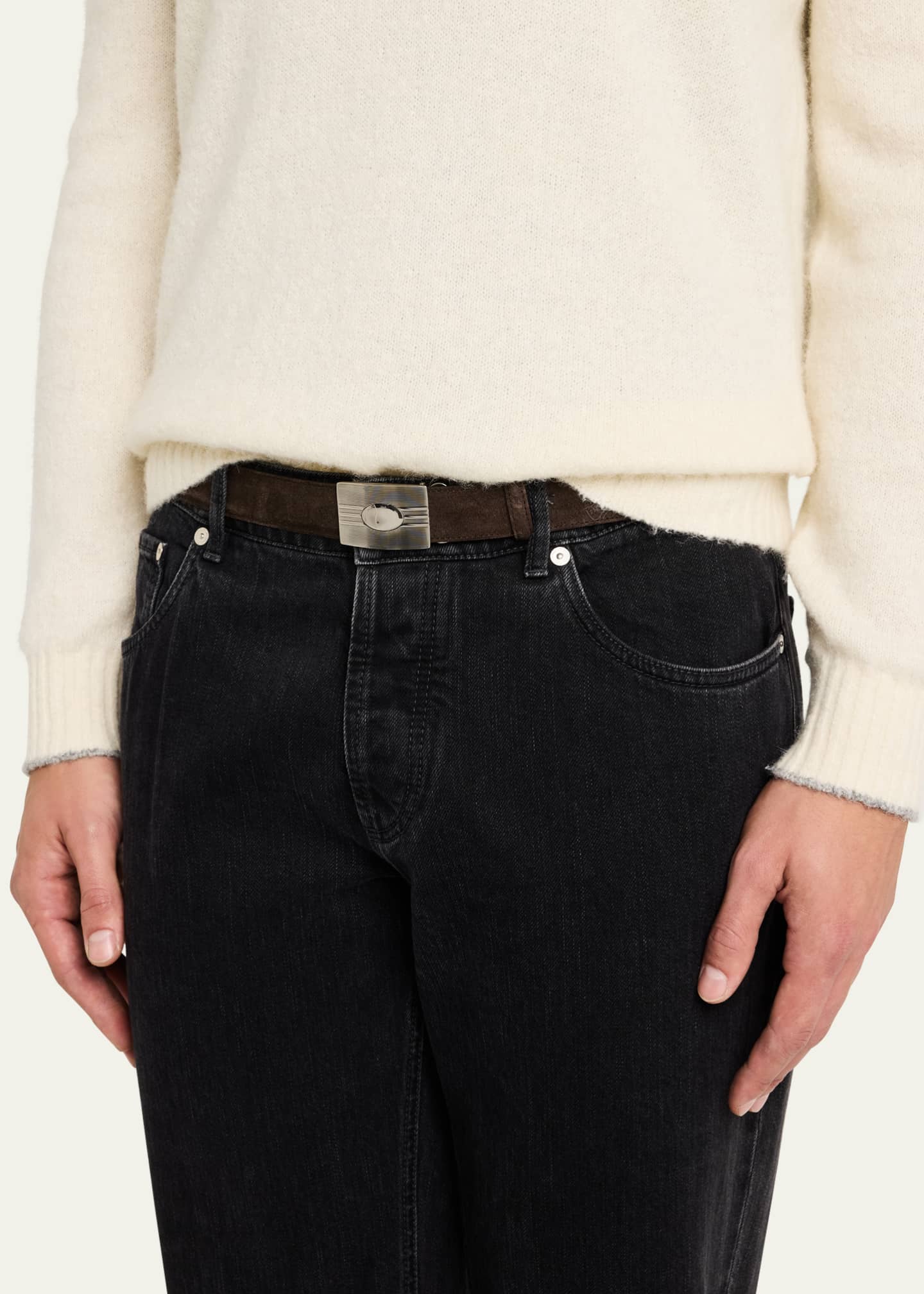 Brunello Cucinelli Men's Suede Rectangle-Buckle Belt Image 2 of 2